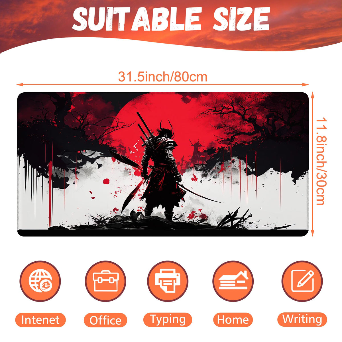 KOAIWPAE Large Gaming Mouse Pad, Cool Japanese Samurai Desk Mat, Red and White Samurai Desk Pad