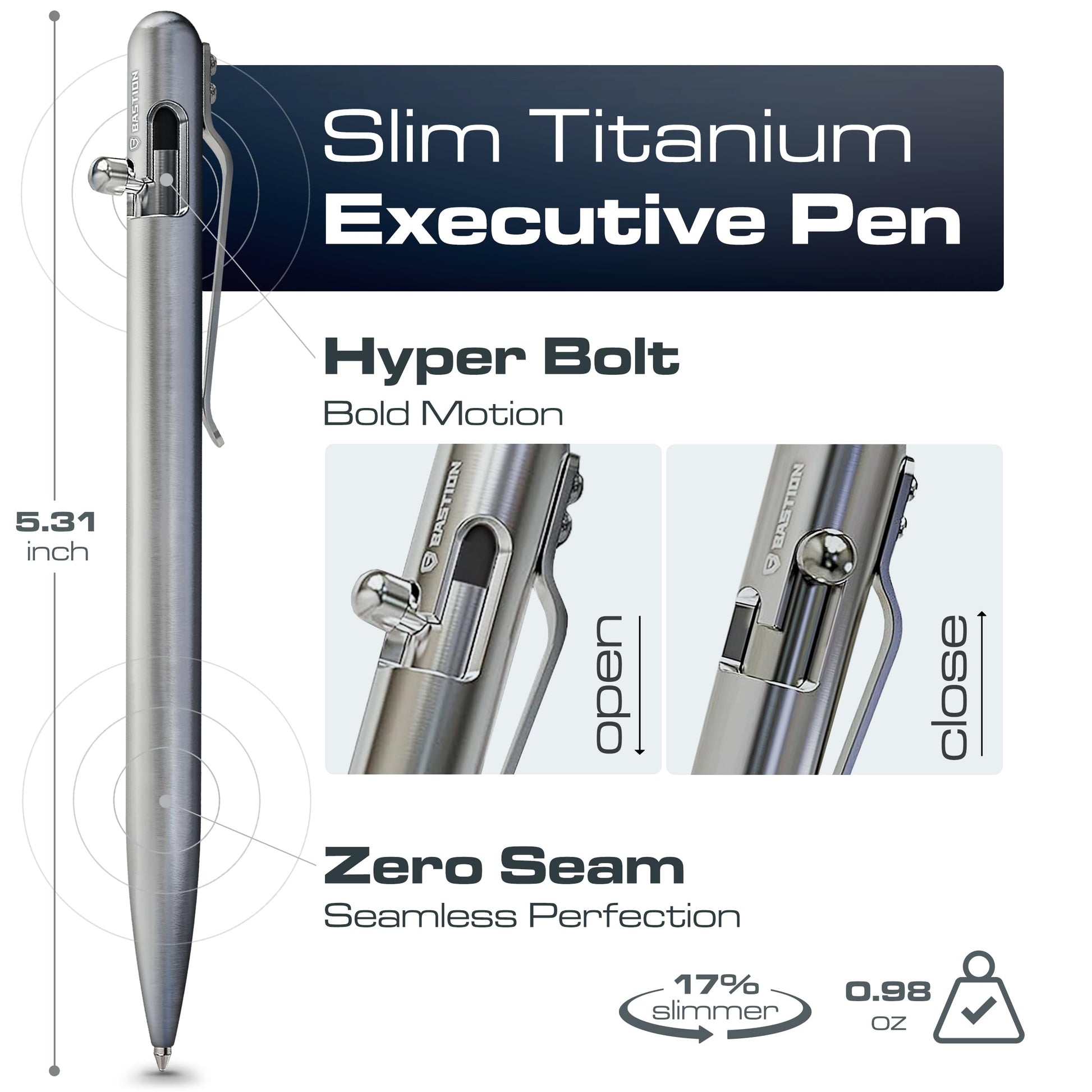 BASTION Bolt Action Pen, Titanium Silver Slim, HyperBolt & ZeroSeam EDC Pen, Refillable Titanium