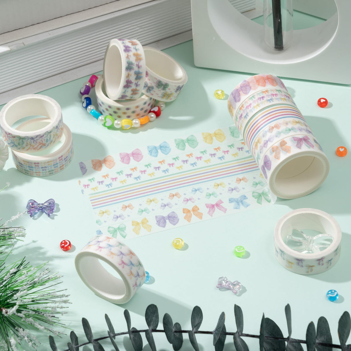 BkeeCten Watercolor Bow Washi Tape - 24 Rolls Colorful Watercolor Bow Pastel Preppy Aesthetic