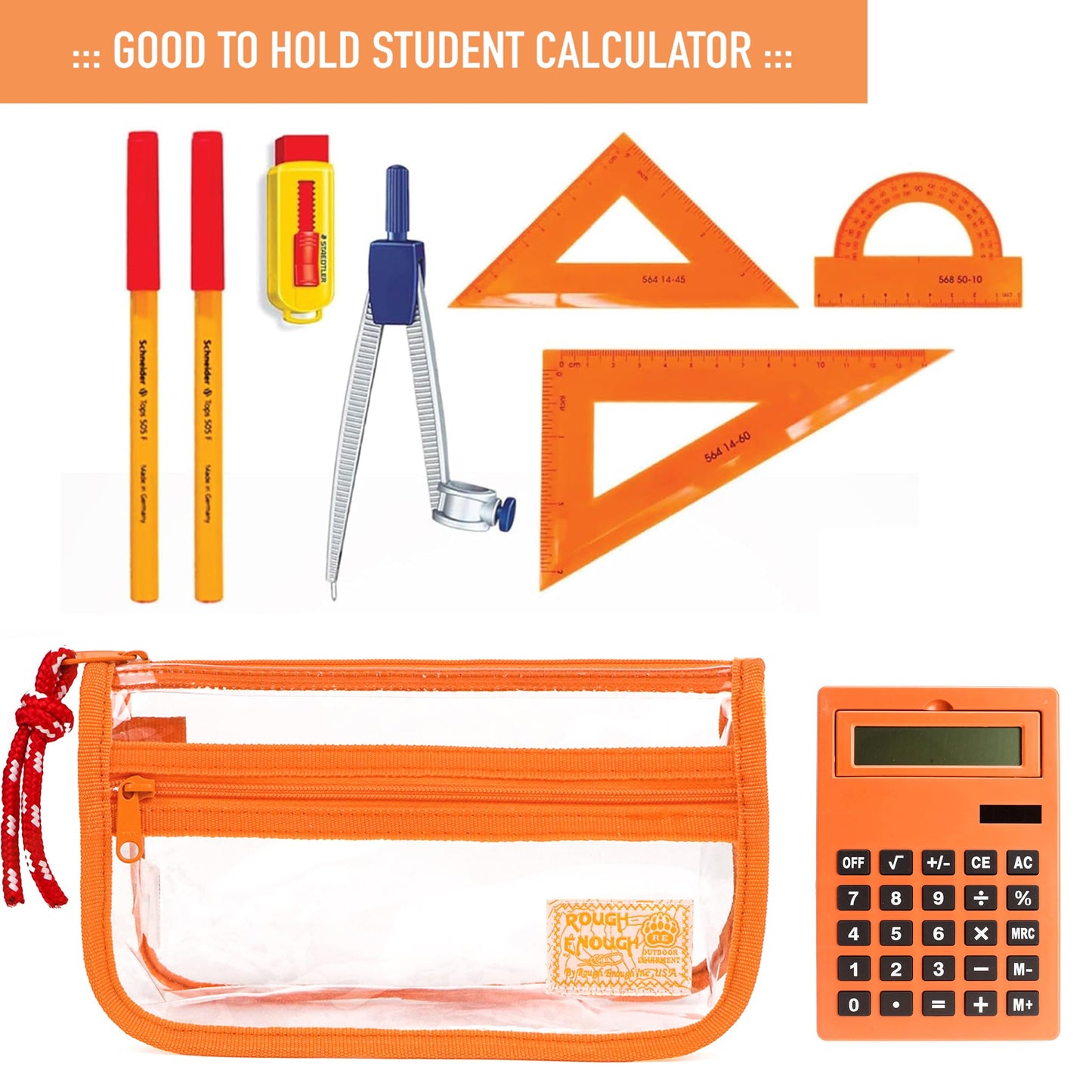 Rough Enough Clear Pencil Case for School, 60+ Pencils Capacity, Orange