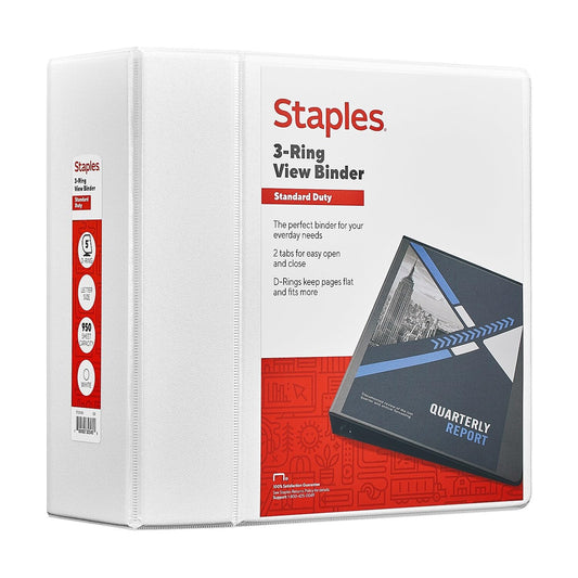 Staples Standard 5-Inch D-Ring View Binder, High Capacity Holds Up to 1,050 Sheets, White, for