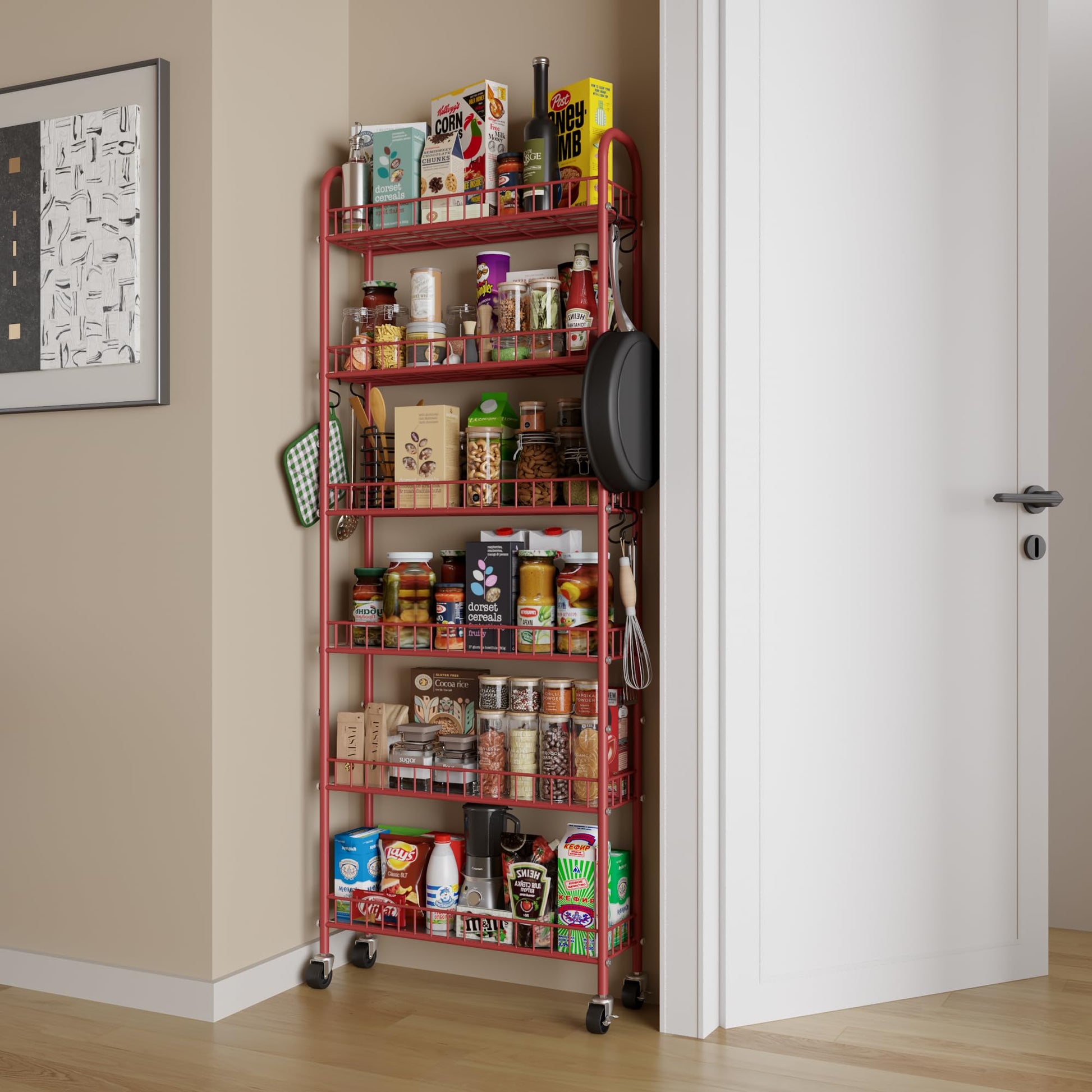 Qiaoxuan Slim Rolling Storage Cart 6 Tier, Metal Kitchen Rolling Utility Cart with Lockable Wheels