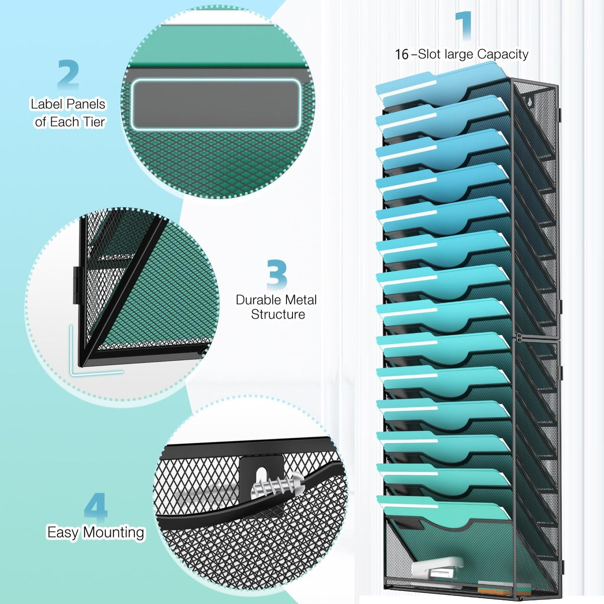Gawerk 15-Tier Wall File Organizer Hanging Wall File Holder Wall Mount Paper Folder Organize, Mesh
