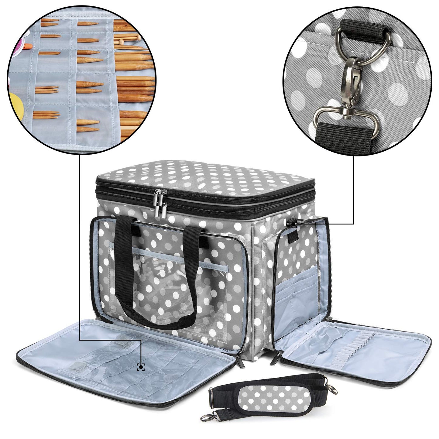 LUXJA Portable Yarn Knitting Storage Tote Bag, Gray Dots