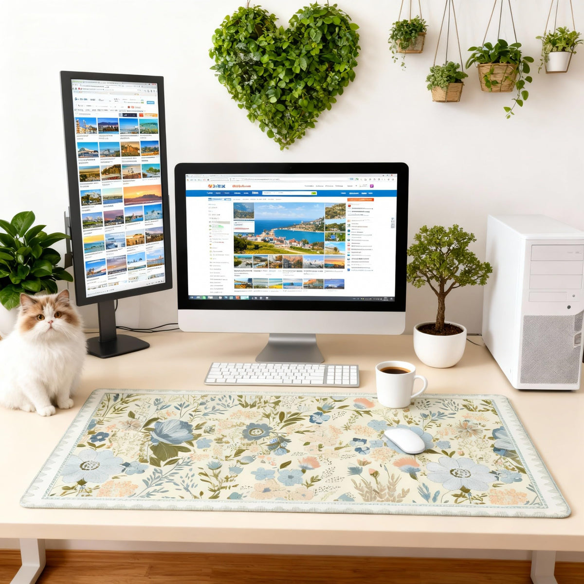 Sage Green Floral XXL Desk Pad, Extra Large Mouse Pad with Anti-Slip Base & Stitched Edges, Desk