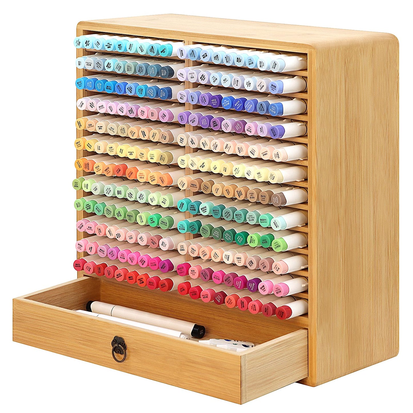 Marker Organizer, 24 Slots Wooden Storage for Up to 216 Markers with Drawer