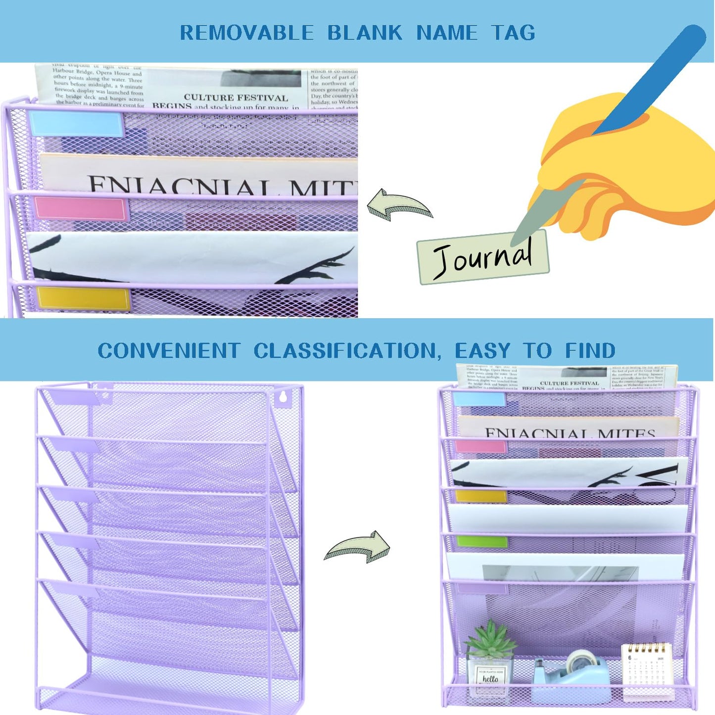 ideallife 5 Pockets Mesh Wall File Holder Organizer with Bottom Flat Tray, Office Hanging File