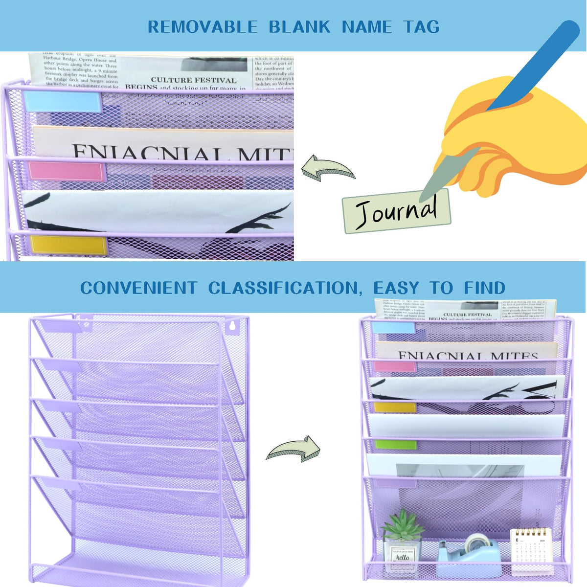 ideallife 5 Pockets Mesh Wall File Holder Organizer with Bottom Flat Tray, Office Hanging File