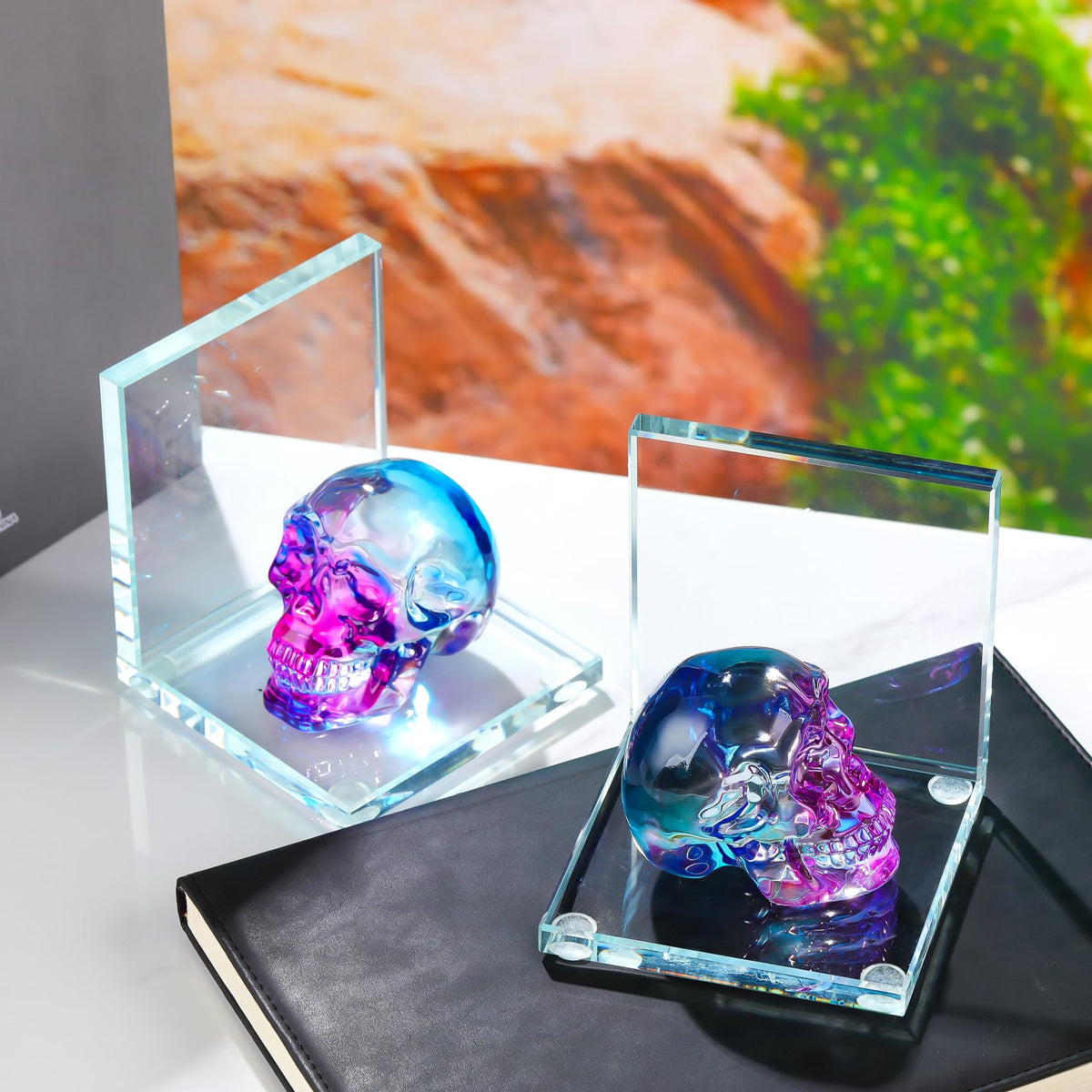 Glass Skull Book Ends for Shelves with Blue and Purple Crystal Skulls
