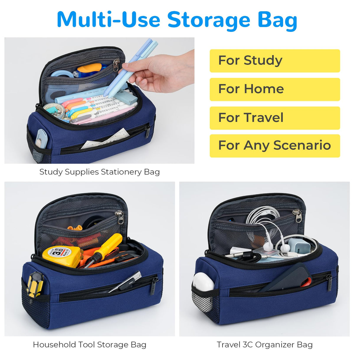ECHSRT Large Pencil Case Organizer, Big Capacity U-Shaped Pen Pouch, Blue