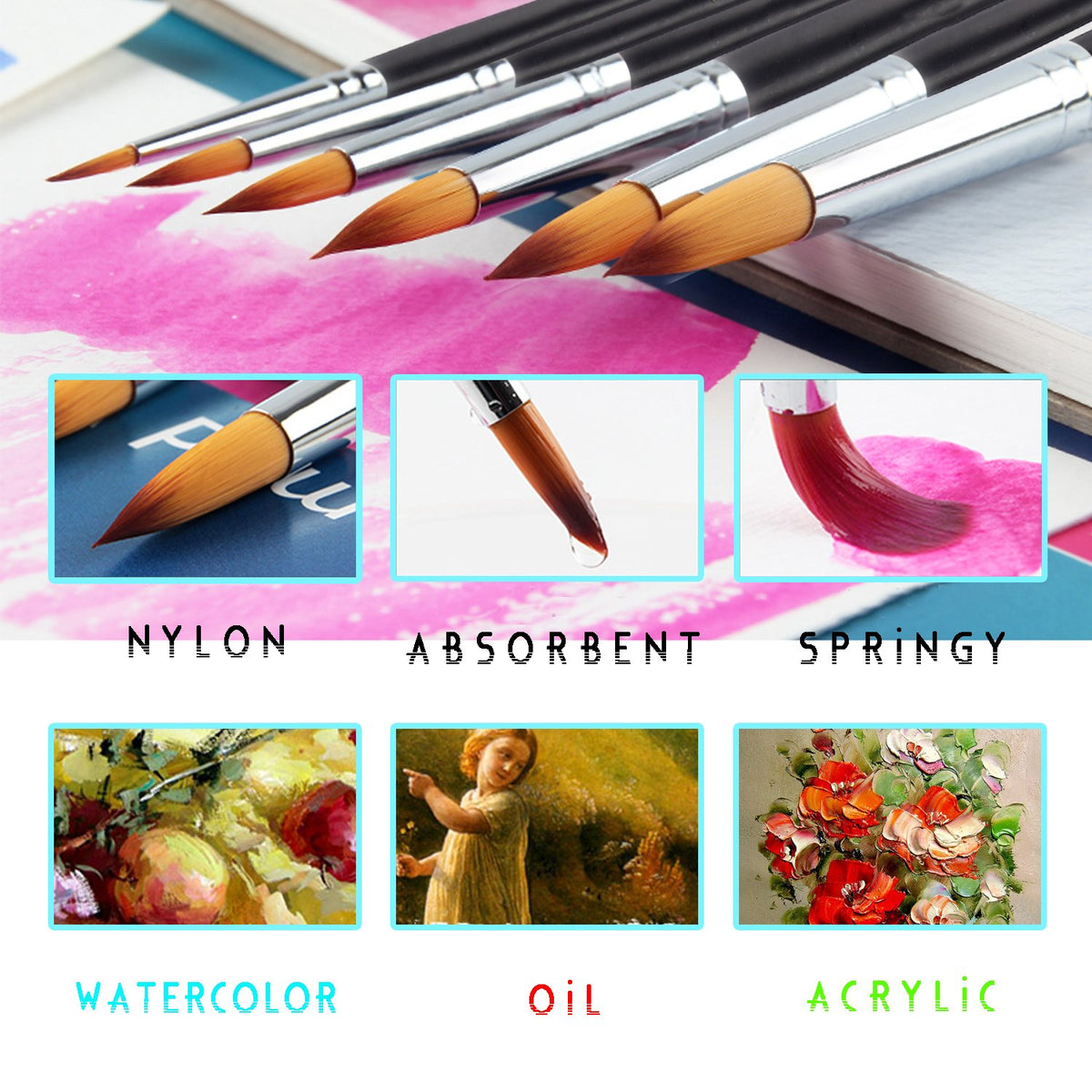 Amagic 9Pcs Pointed Round Art Paintbrush Set with Storage Container - Anti-Shedding Synthetic Nylon