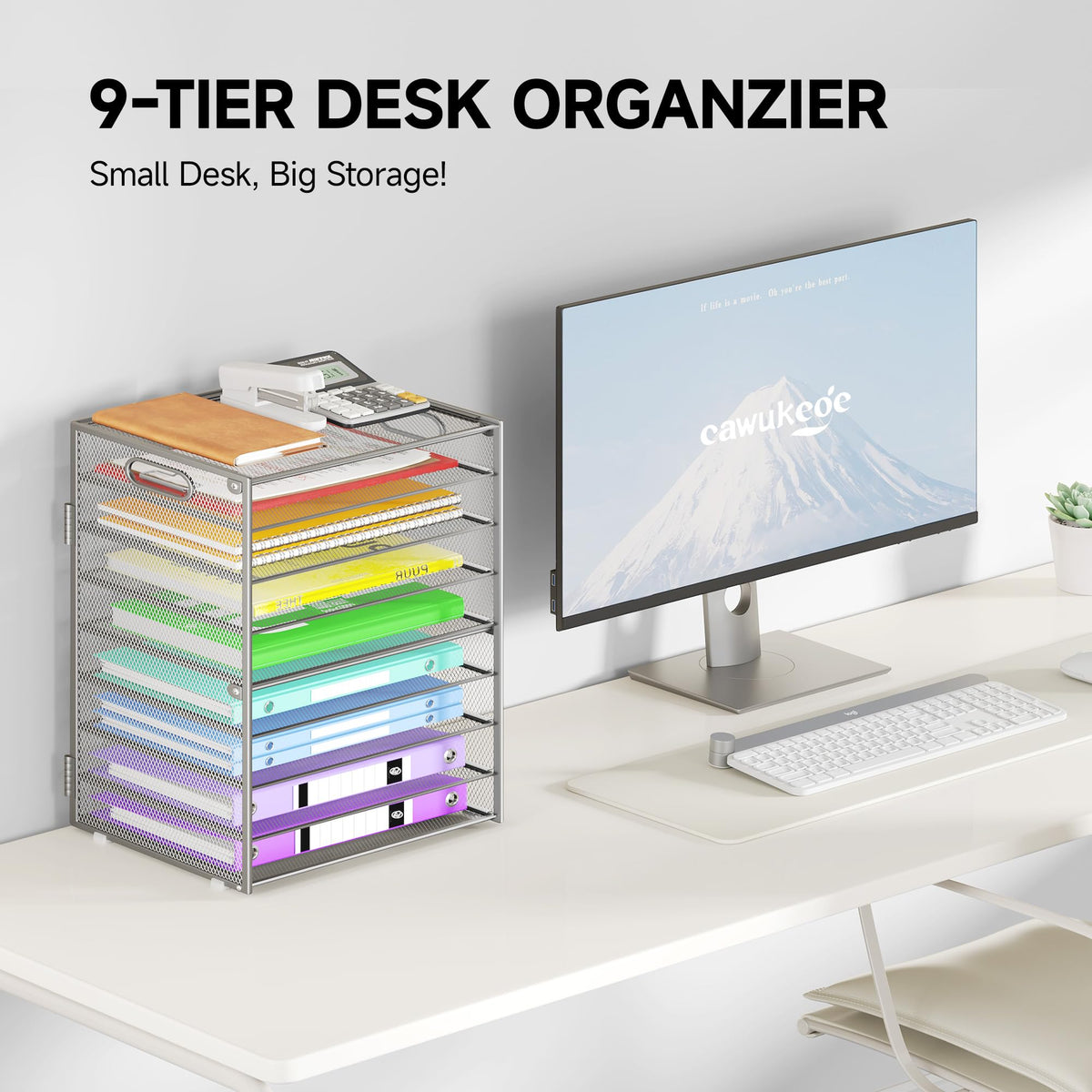 Cawukege 9 Tier Paper Organizer with Handle, Large Capacity Desk Organizer Mesh File Folder Letter