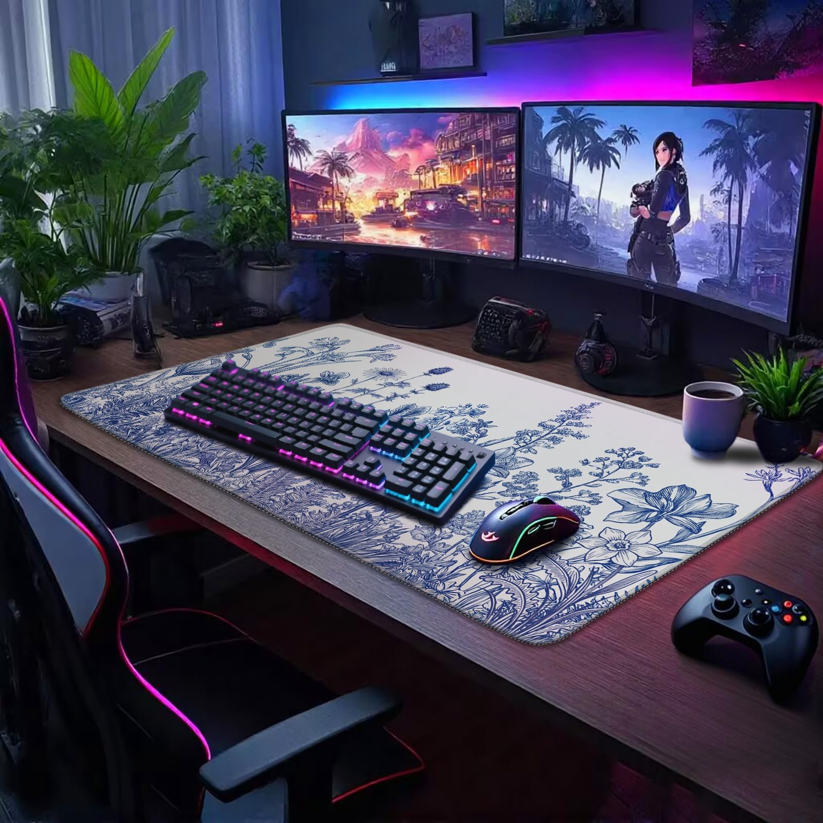 Mcapirivo Large Gaming Mouse Pad Desk Mat 31.5"x15.7" Non Slip Blue Floral