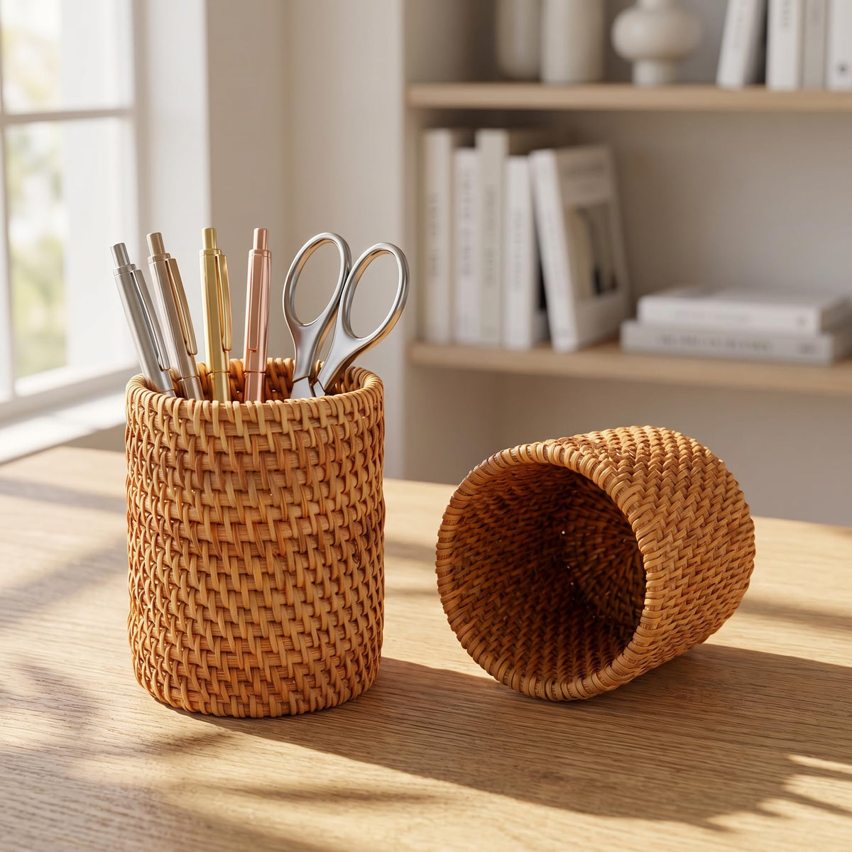 Okllen 2 Pack Rattan Pencil Holder, Handmade Wicker Pen Cup Makeup Brushes Holder, Woven Vine Desk