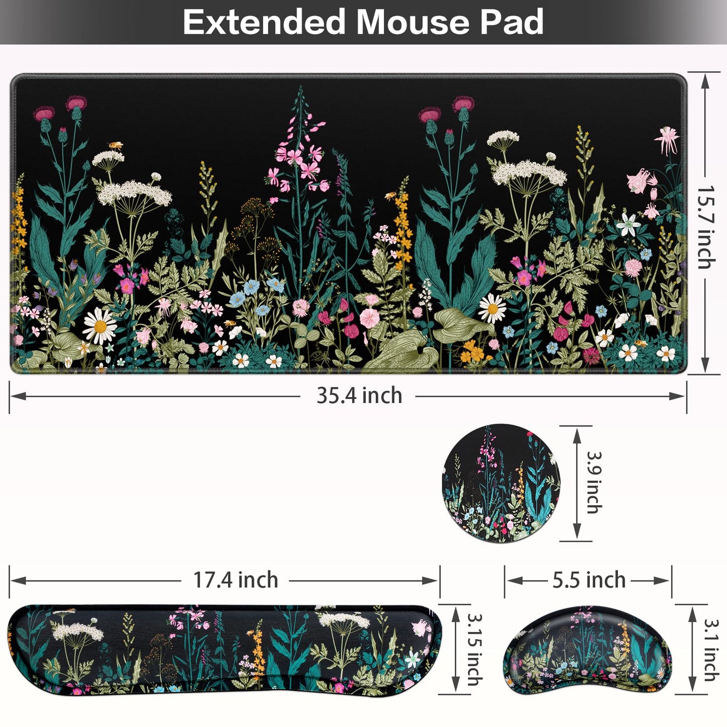 Desk Mat, Large Gaming Mouse Pad with Wrist Rest, 4in1 XXL Mousepad Floral