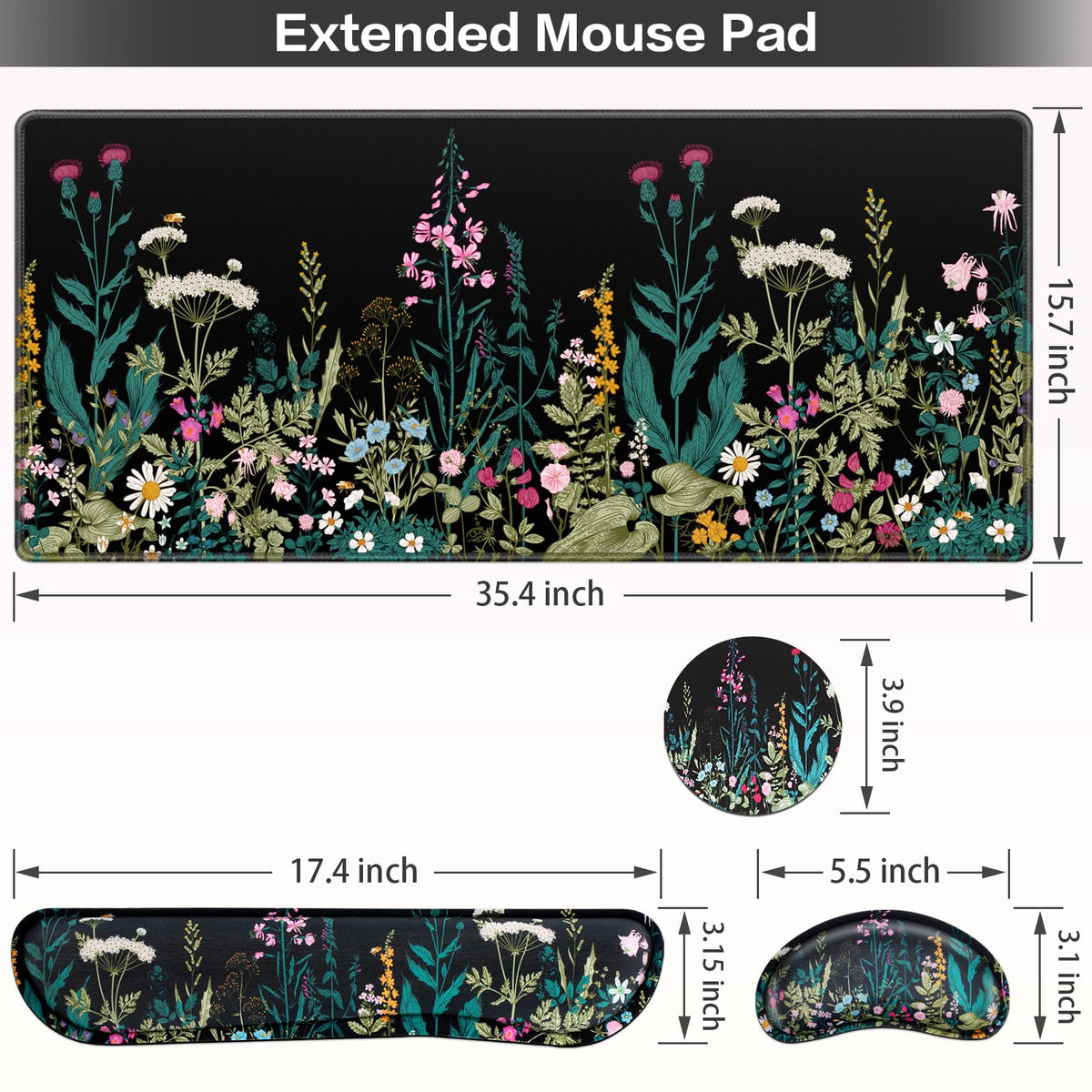 Desk Mat, Large Gaming Mouse Pad with Wrist Rest, 4in1 XXL Mousepad Floral