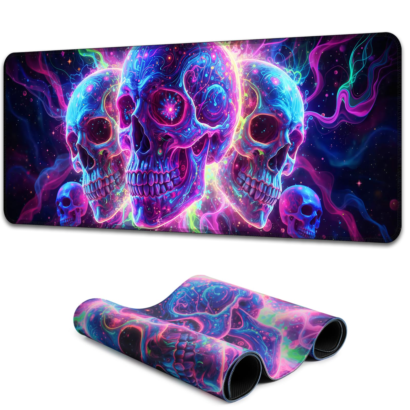Manicer Blacklight Skull Mouse Pad – UV Reactive Neon Glow Gaming Desk Mat, Colorful Skeleton