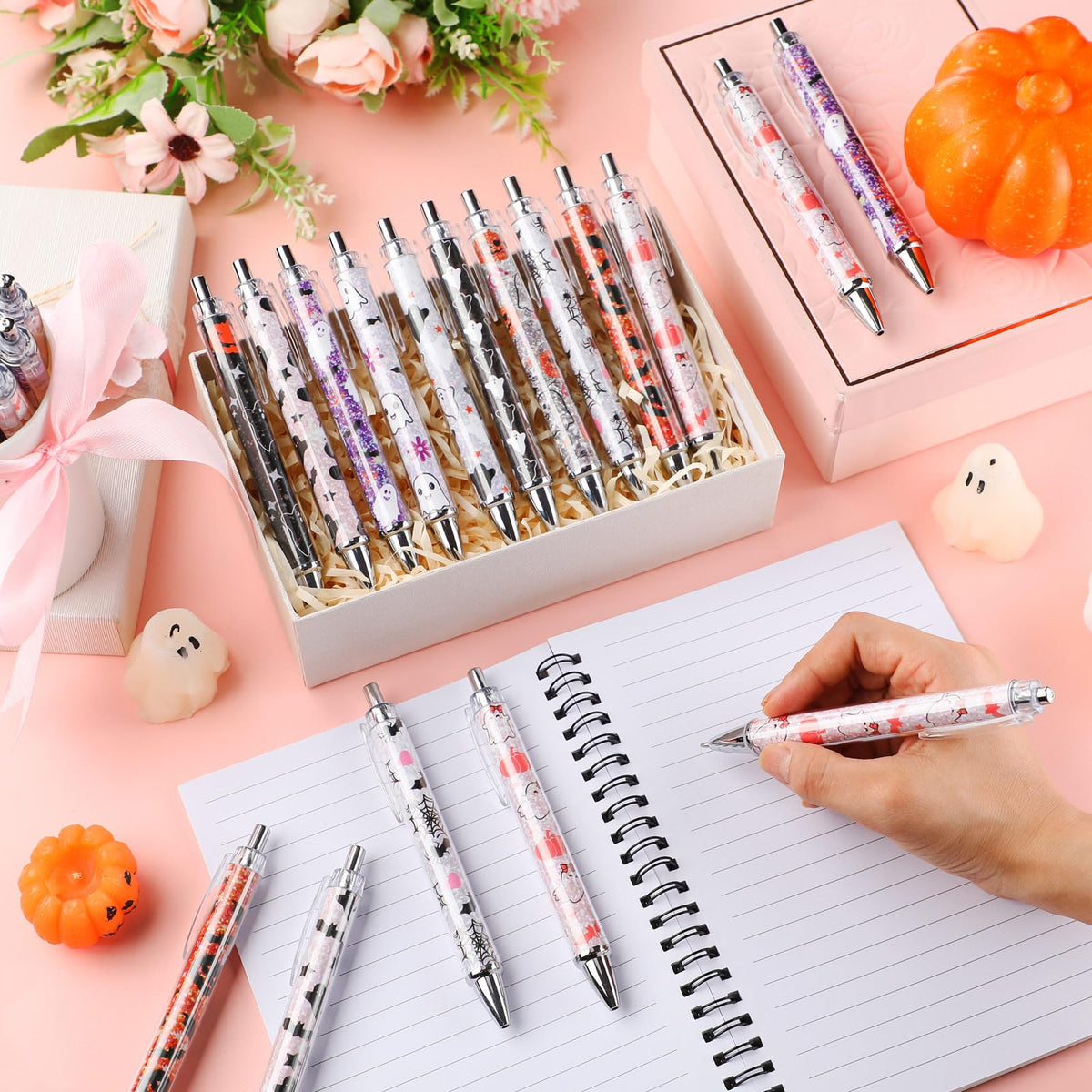 Motipuns 50 Pcs Halloween Pens Pink Ghost Ballpoint Bulk Holiday Gifts