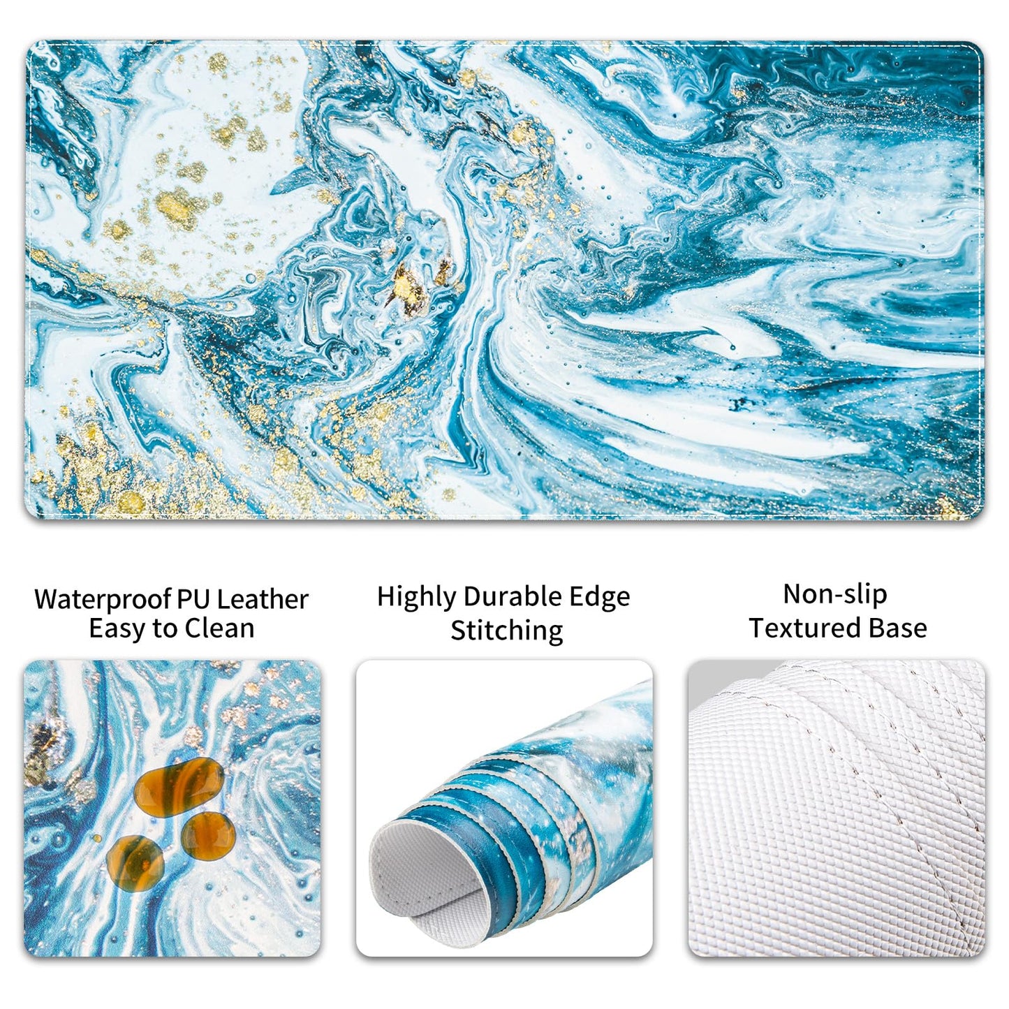 QIYI PU Leather Desk Mat Set, 4-in-1 Ergonomic Wrist Rest, Blue Marble