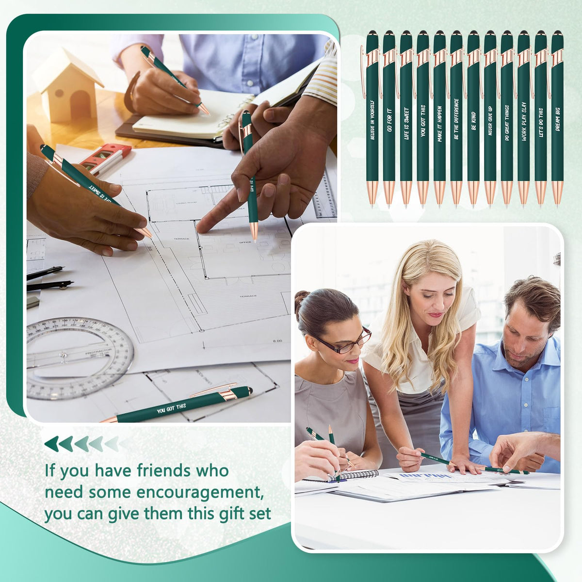 Yeaqee 24 Pcs Inspirational Ballpoint Pens Black Ink Stylus, Dark Green