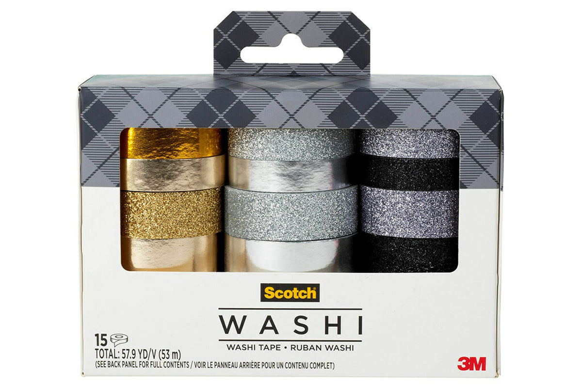 Scotch Washi Tape, Glitter Metallic Design, 15 Rolls, Great for Bullet Journaling, Scrapbooking and