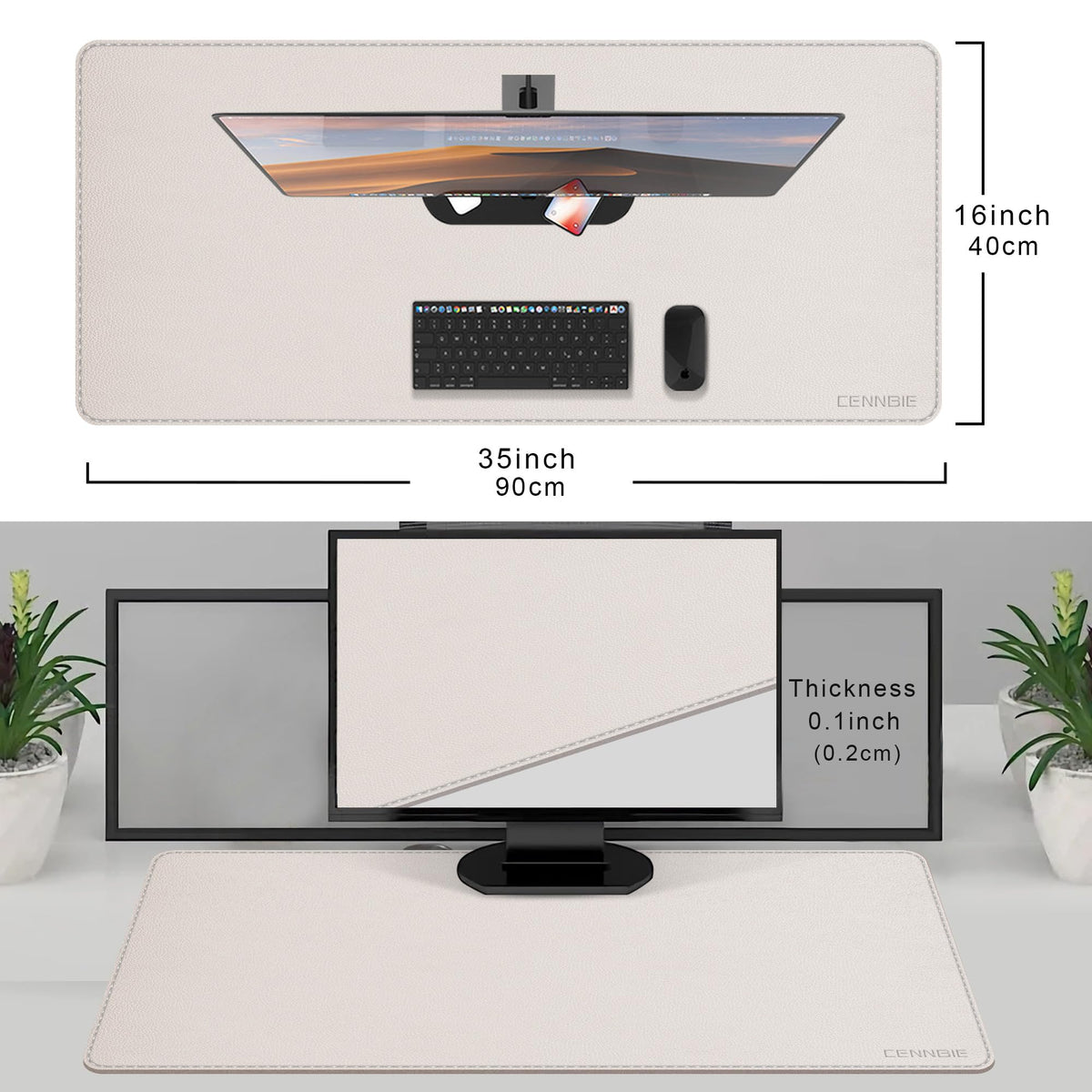 CENNBIE 35.5" x 16" Leather Desk Mat,Computer Mouse Pad for Office(Cream)