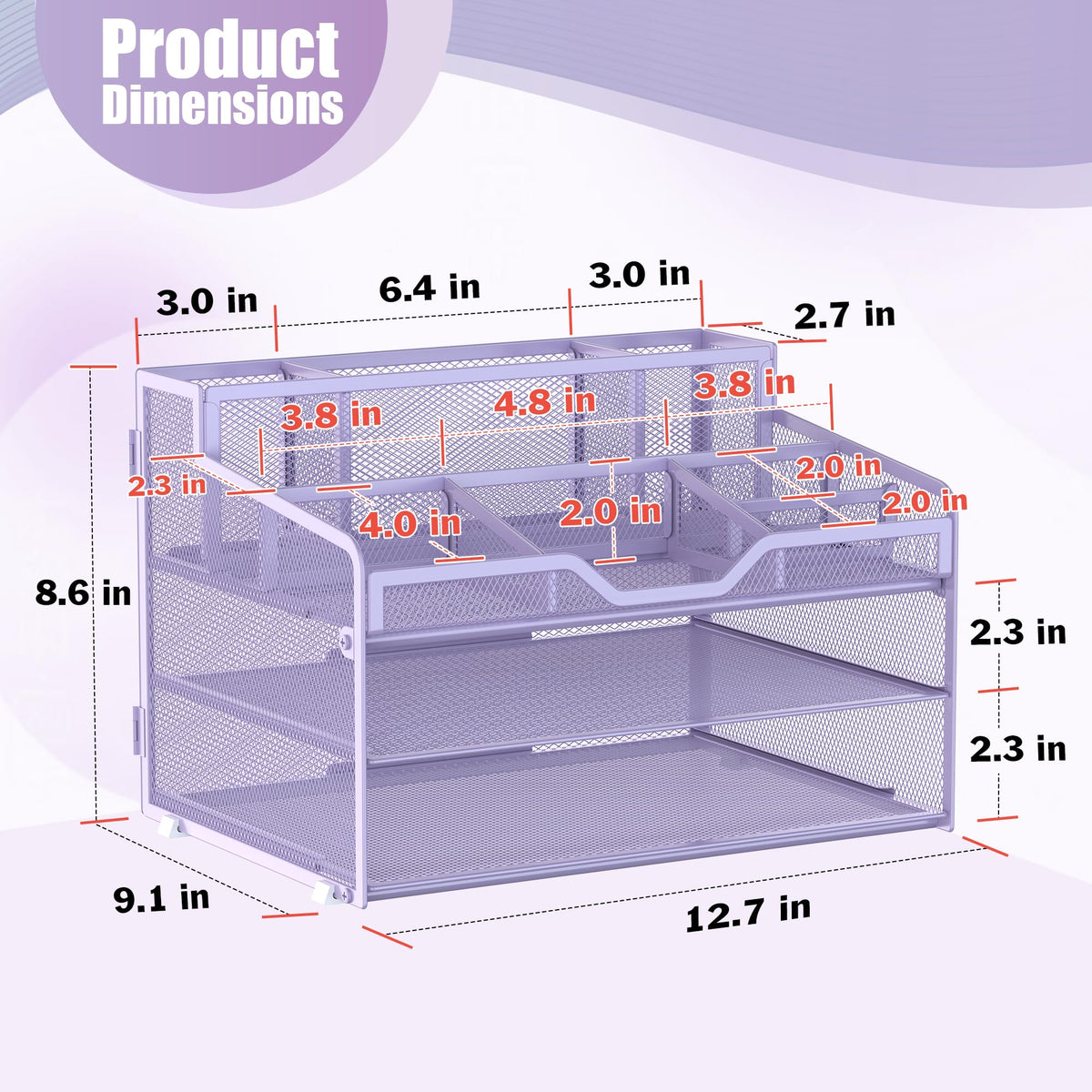 Docnest 3 Tier Mesh Desk Organizer with Letter Tray & Paper Sorter, Purple