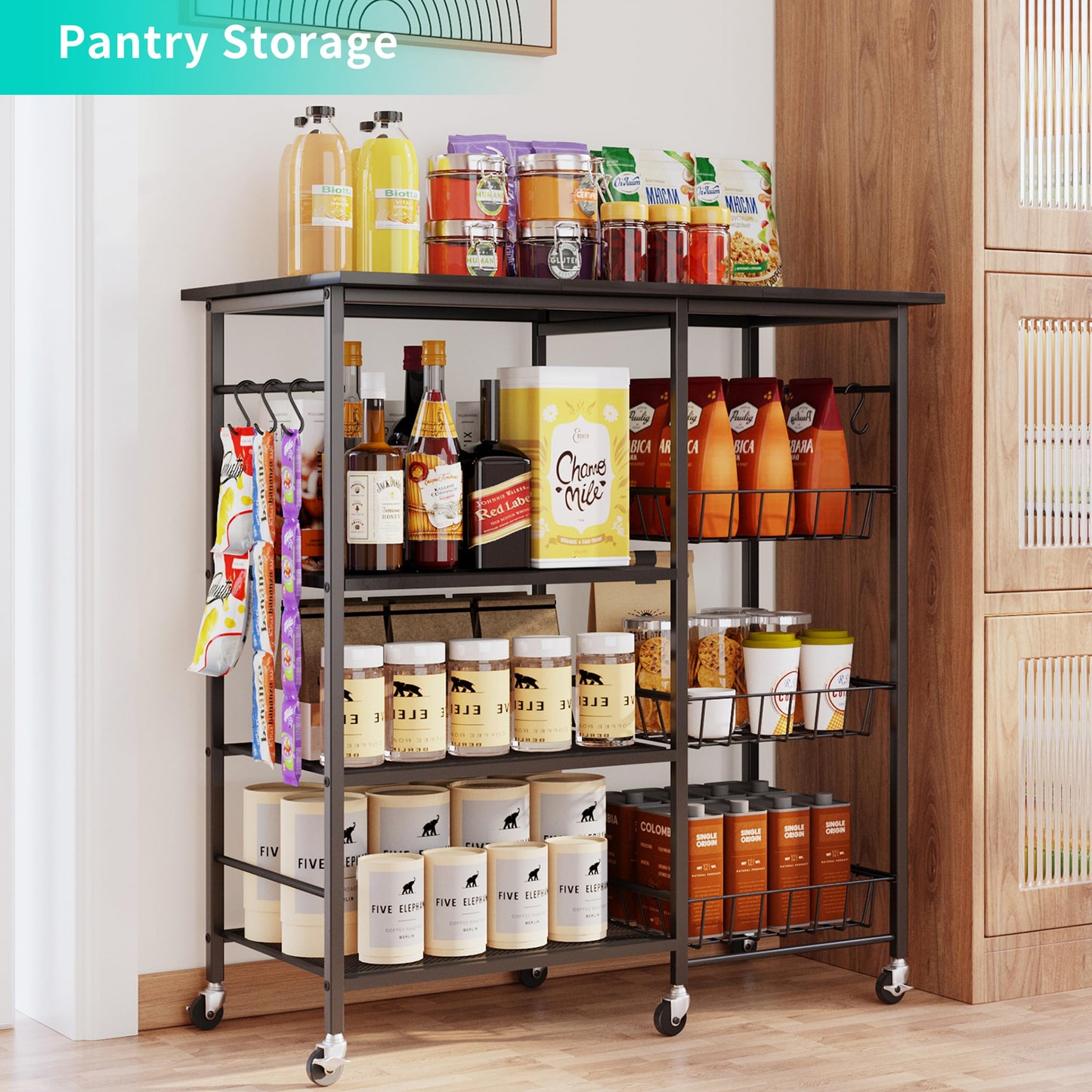 HapiRm Rolling Kitchen Microwave Cart - 4 Tier Microwave Table Stand with Pull-Out Baskets, Coffee