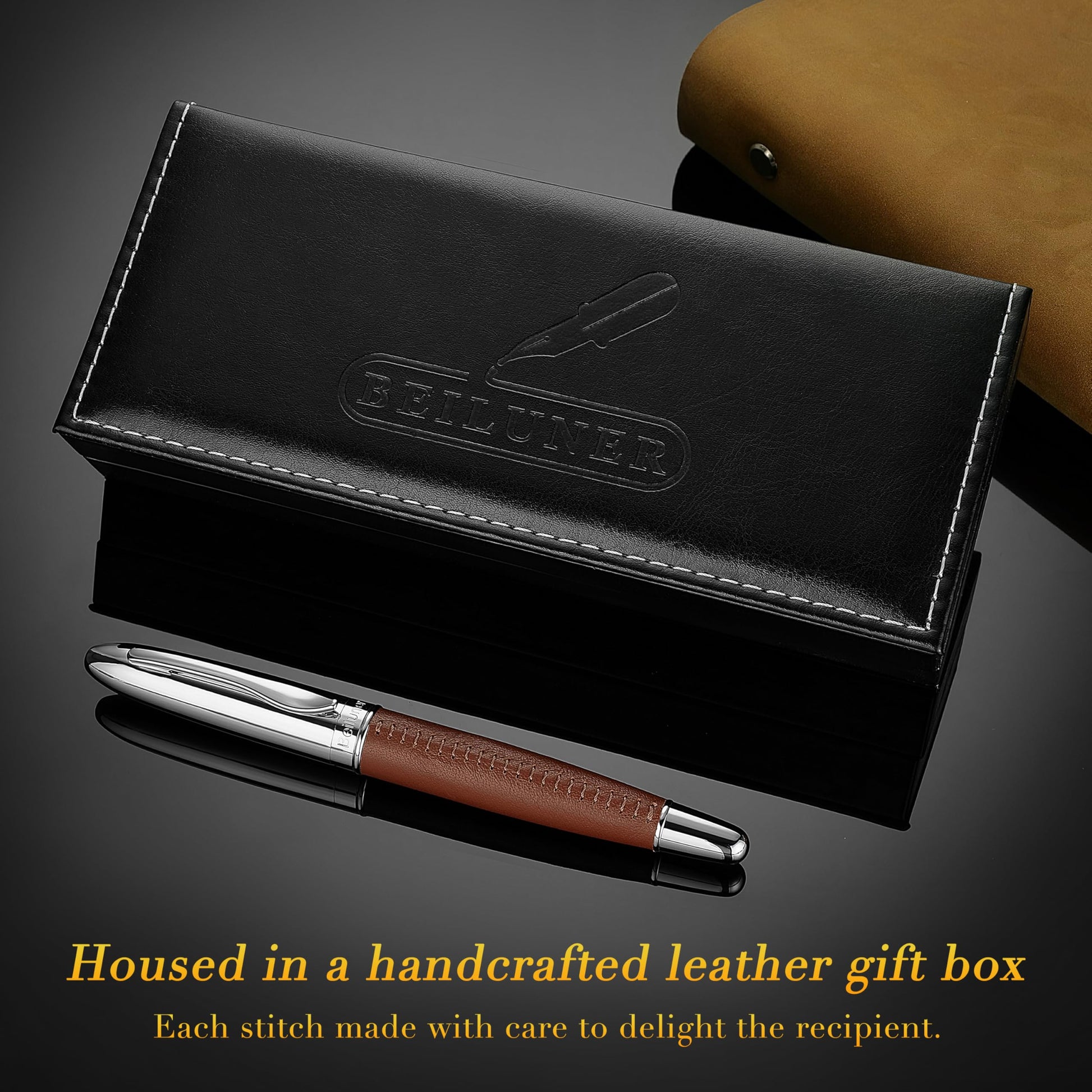 BEILUNER 318 Luxury Personalized Pen, Hand-Stitched Premium Brown Leather