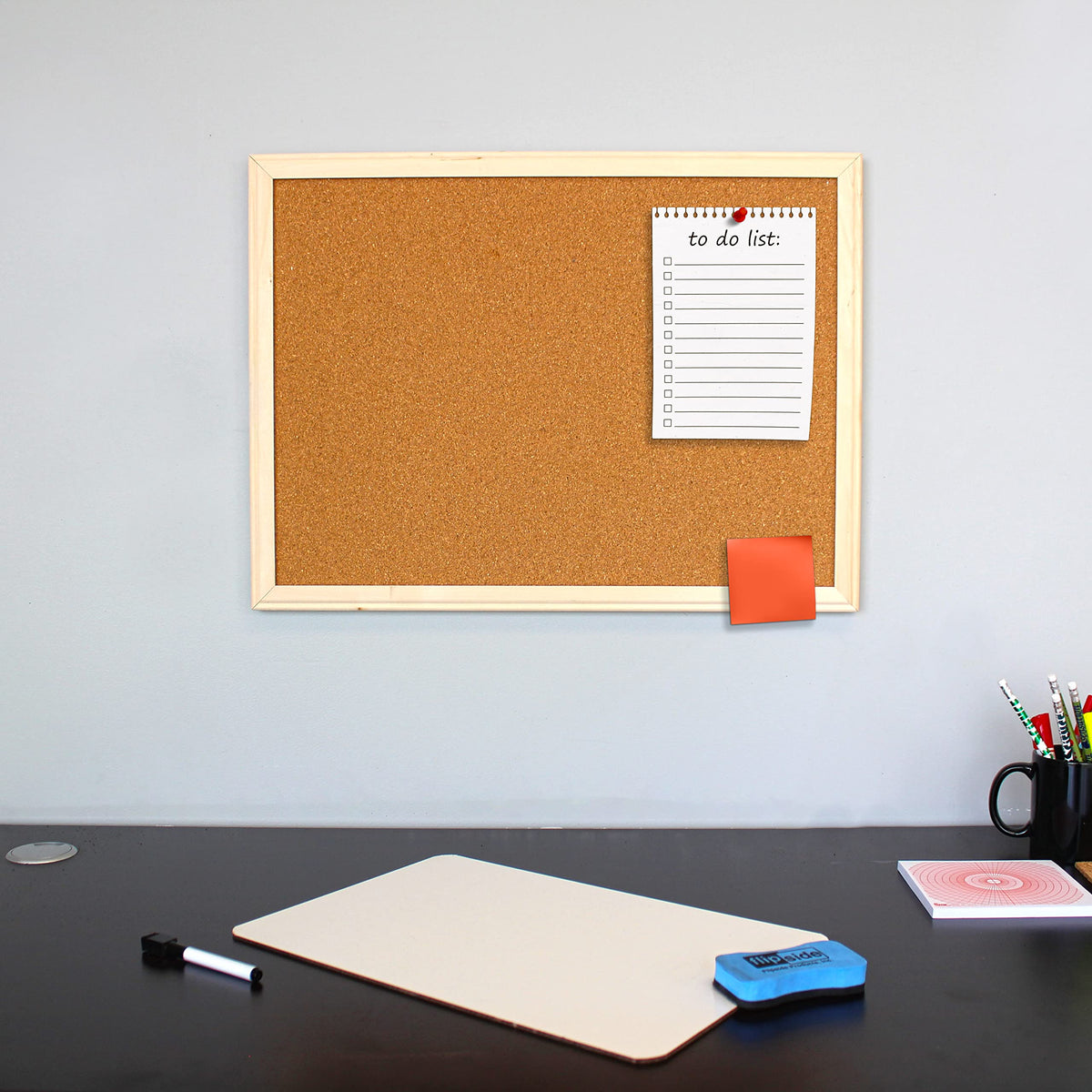 Flipside Products 18" x 24" (1.5' x 2') Cork Bulletin Board, Natural Wood Framed, Message and