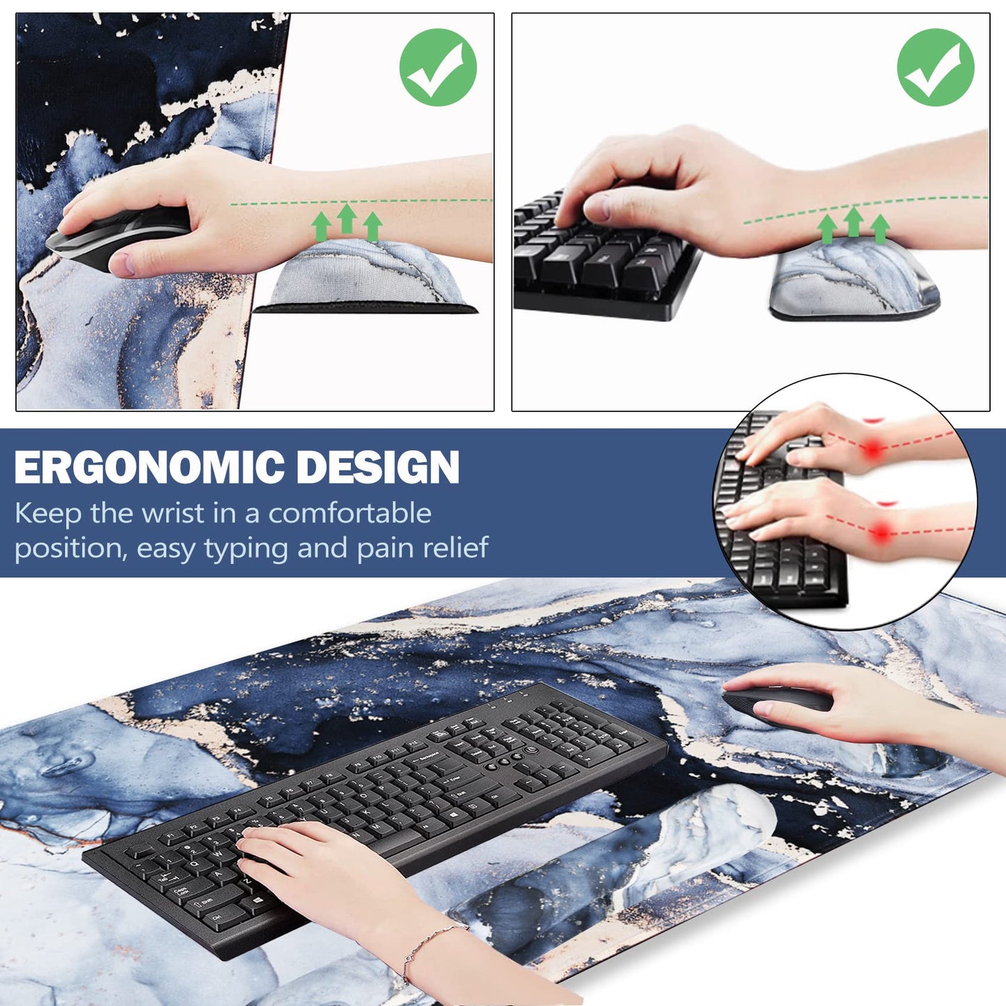ARTSO Large Gaming Mouse Pad, Keyboard Wrist Rest Pad & Wrist Support Mousepad Set, Stitched Edge