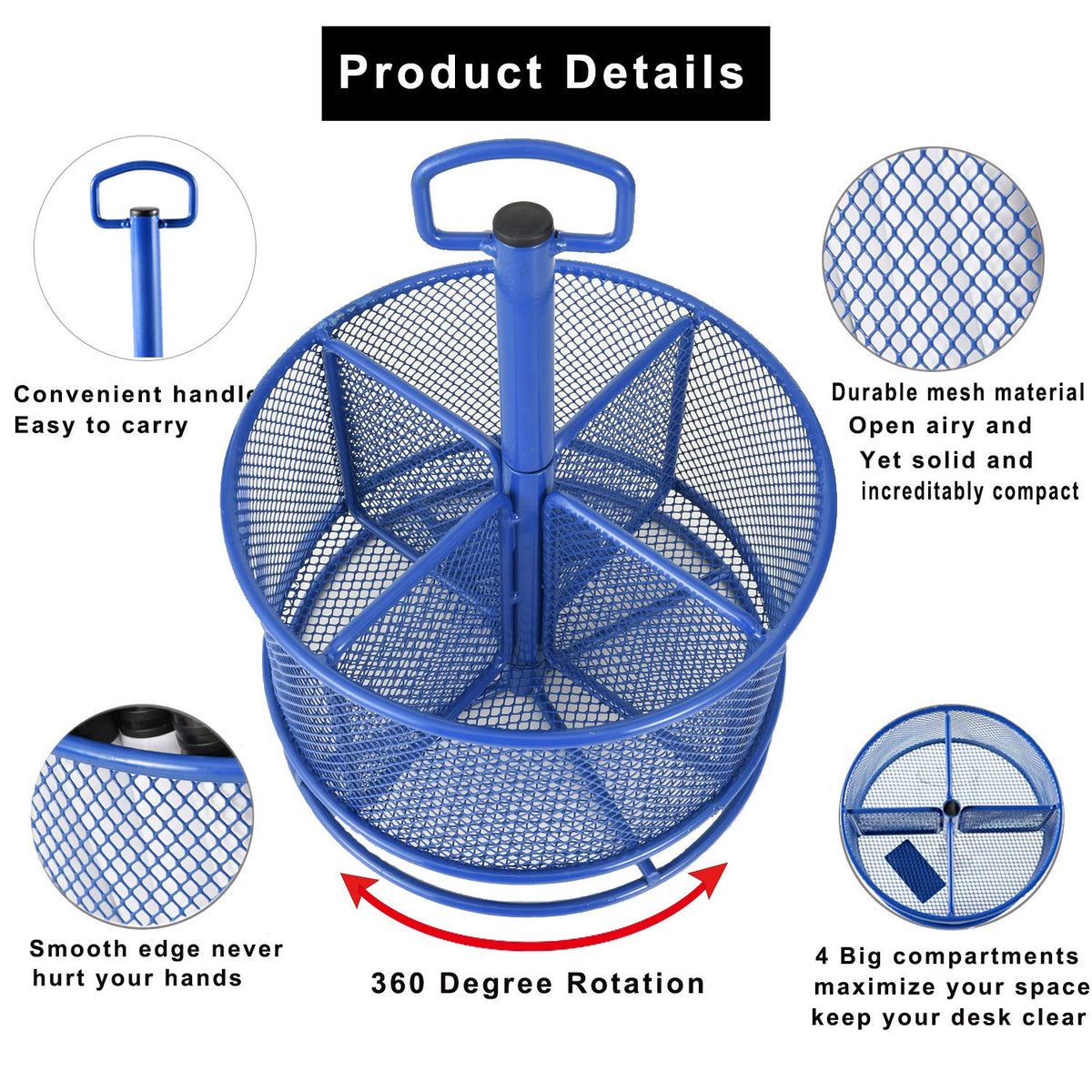Marbrasse Mesh Desk Organizer, 360-Degree Rotating Multi-Functional Pen Holder, 4 Compartments