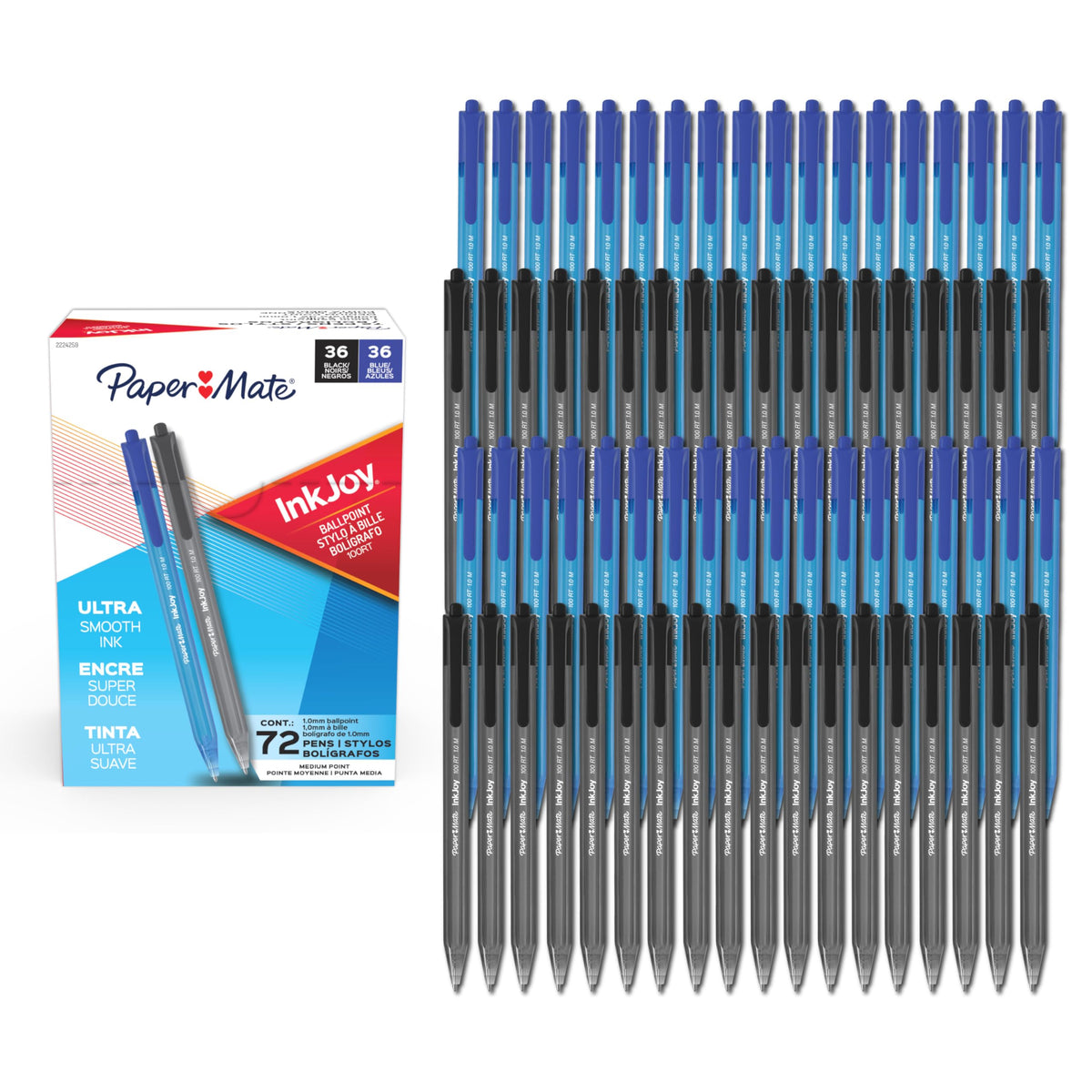 Paper Mate InkJoy 100RT Ballpoint Pens, Medium Point (1.0mm), Black & Blue Ink, 72 Count - Bulk