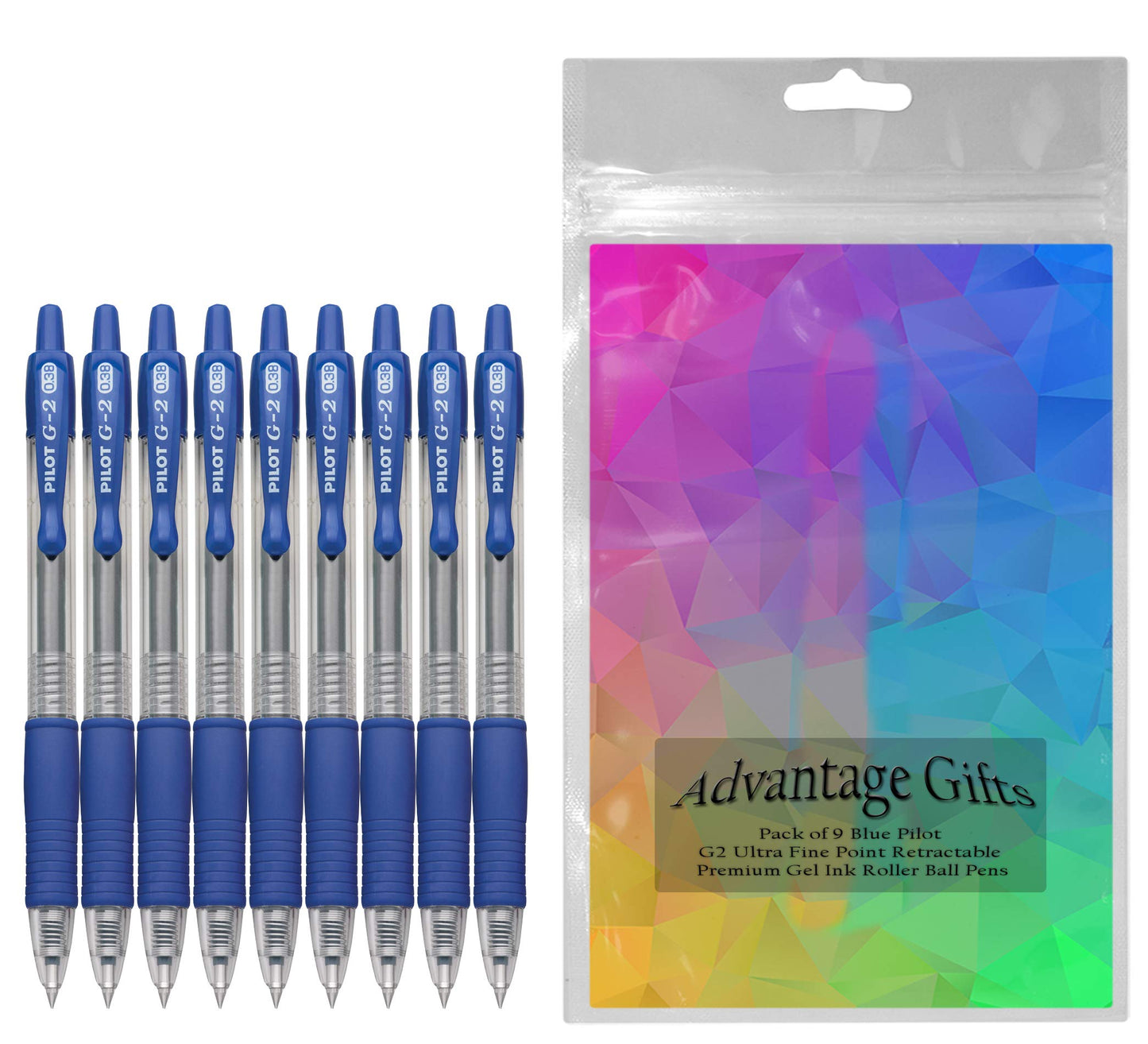 Advantage Gifts G2 Retractable Premium Gel Ink Roller Ball Pens Ultra Fine Point (.38mm) Blue Ink 9