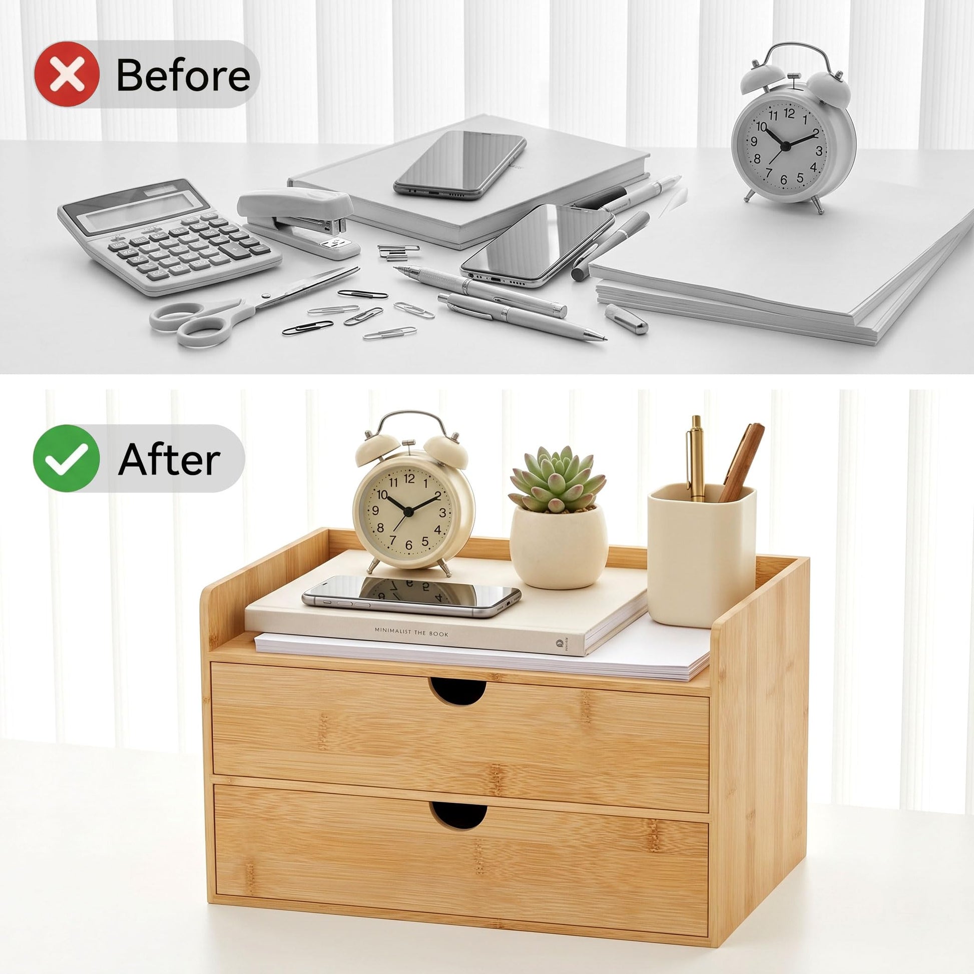 Bamboo Desk Organizer with Drawers, Desktop Storage for Office Supplies