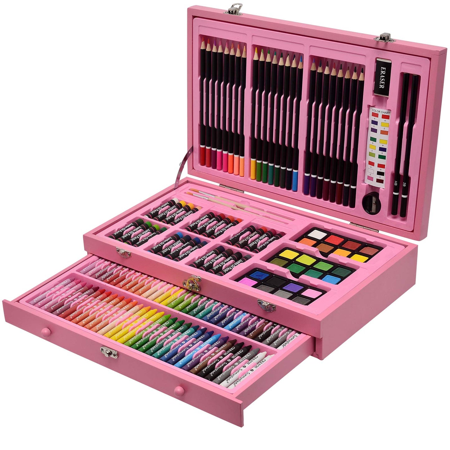 Sunnyglade 145 Piece Deluxe Art Set Wooden Art Box & Drawing Kit Pink