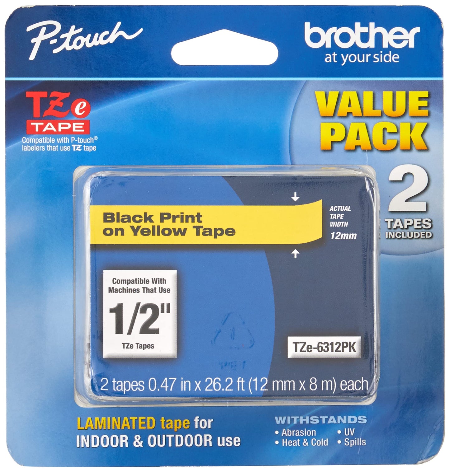 Brother Genuine P-Touch, TZe-6312Pk Tape ½” (12mm) 2-Pack Laminated P-Touch Tape, Black On Yellow