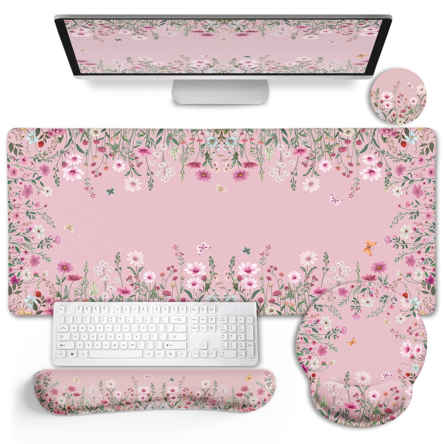 LIMKRIAN Floral Desk Mat Set, Cute Pink Desk Accessories Gifts for Women