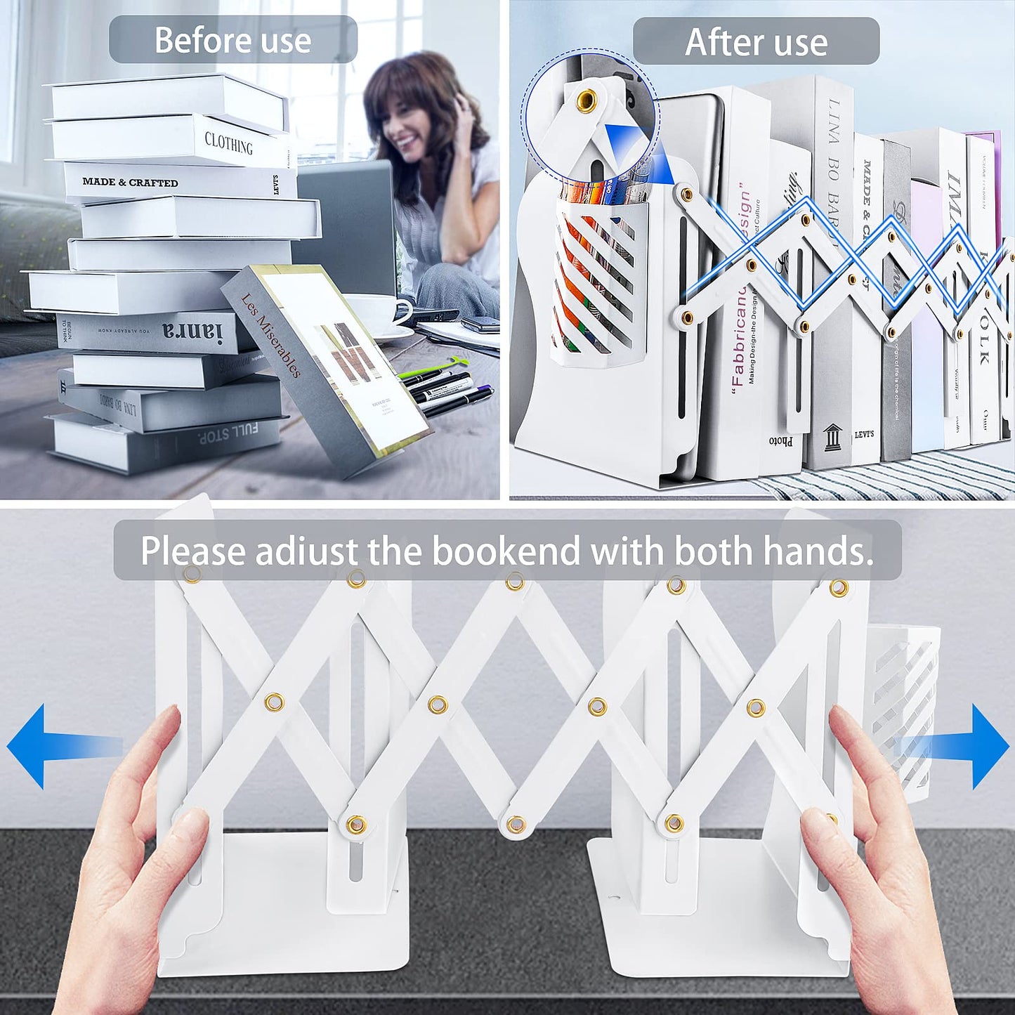 Heavy Duty Book Ends to Hold Books with Pen Holder, Adjustable Bookends, Metal Book Ends for