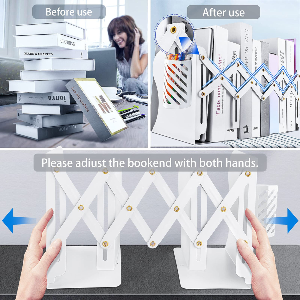 Heavy Duty Book Ends to Hold Books with Pen Holder, Adjustable Bookends, Metal Book Ends for