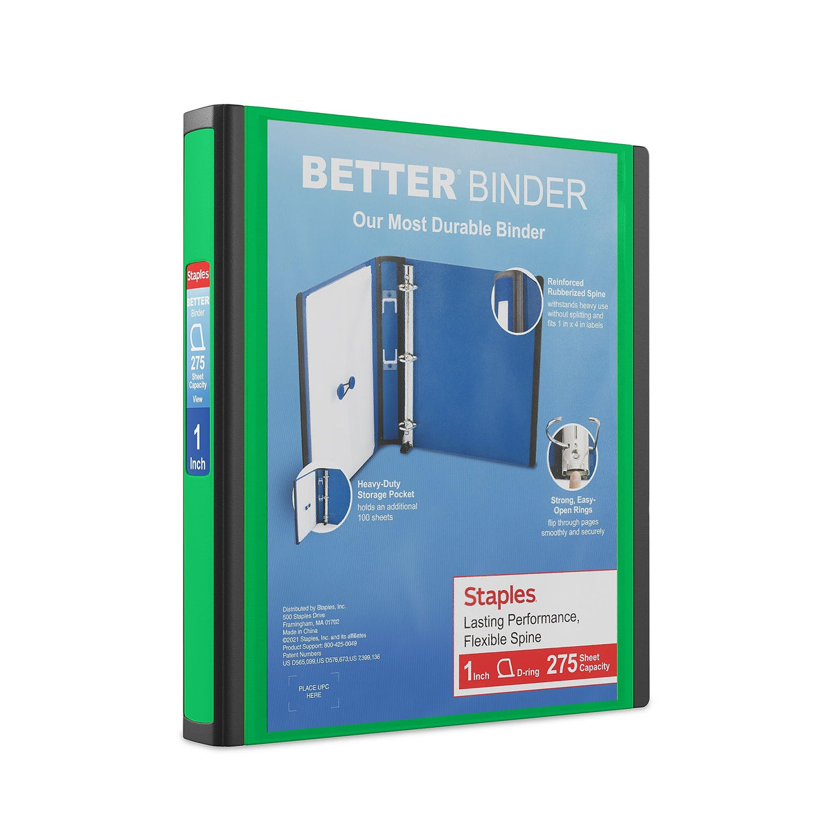 Staples Better Binder, 1 Inch D-Ring, Green, 275 Sheets, 3-Pack