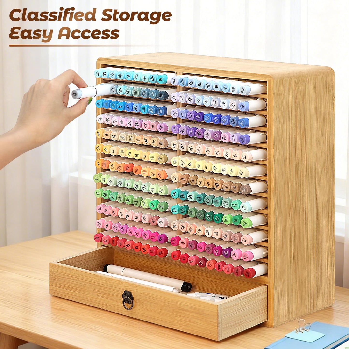 Marker Organizer, 24 Slots Wooden Storage for Up to 216 Markers with Drawer