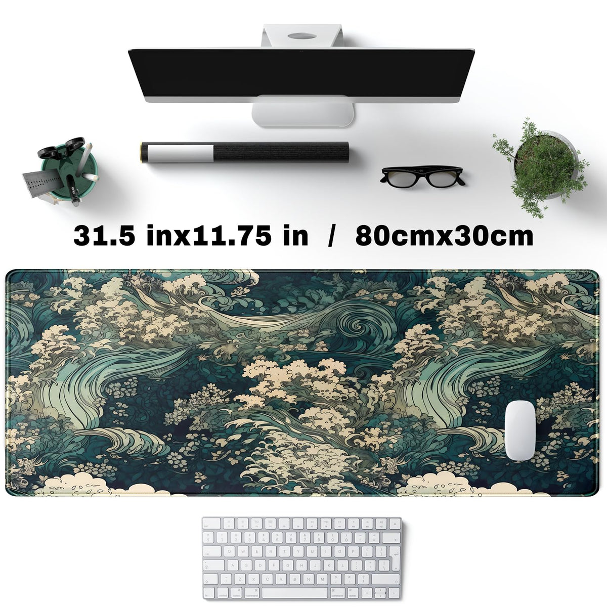 Japanese Large Mouse Pad Gaming Sea Wave Desk Pad Blue Sea Flower Art Aesthetics Desk Pad Non-Slip