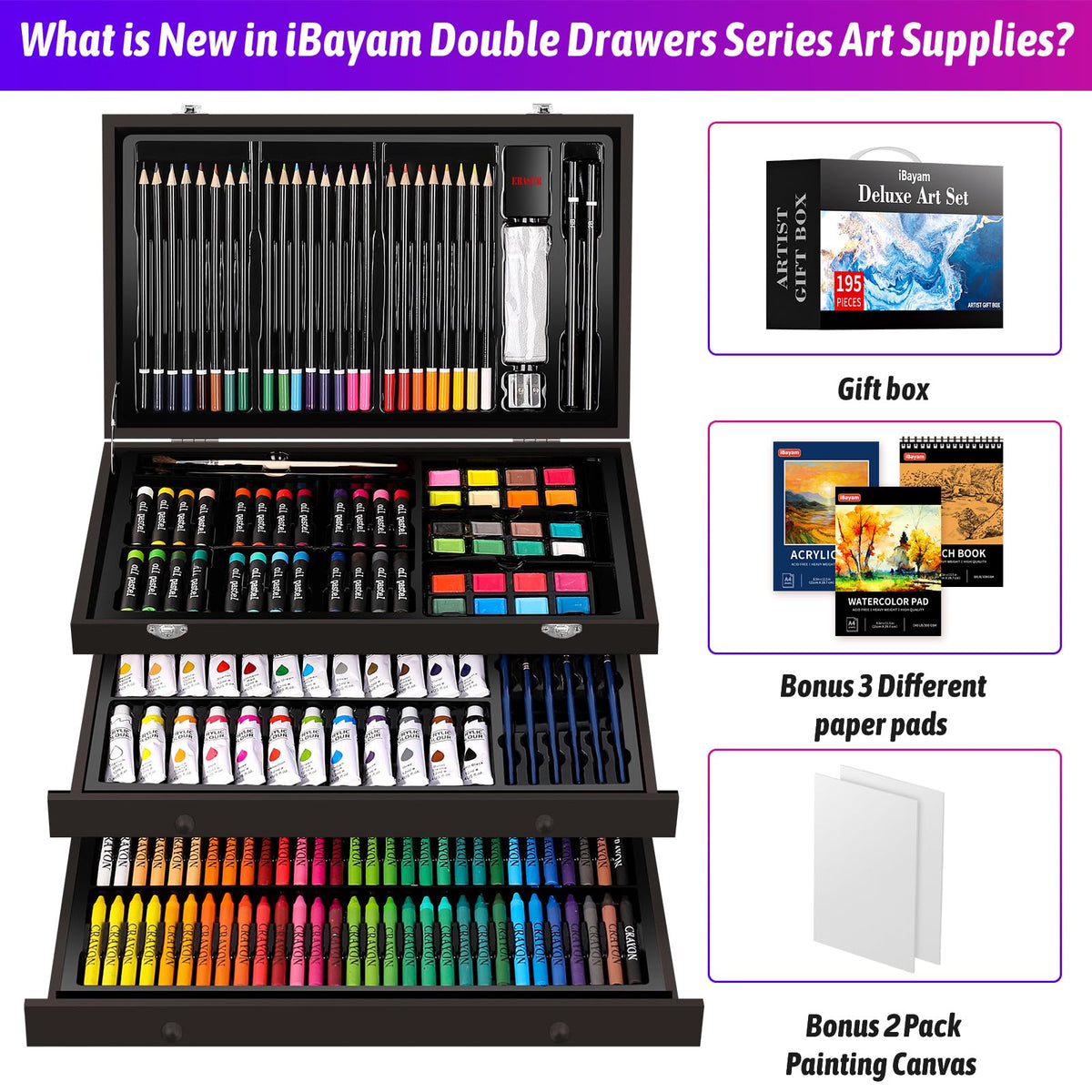 iBayam Art Set,195-Pack Arts and Crafts for Kids Ages 8-12, Deluxe Gift Box
