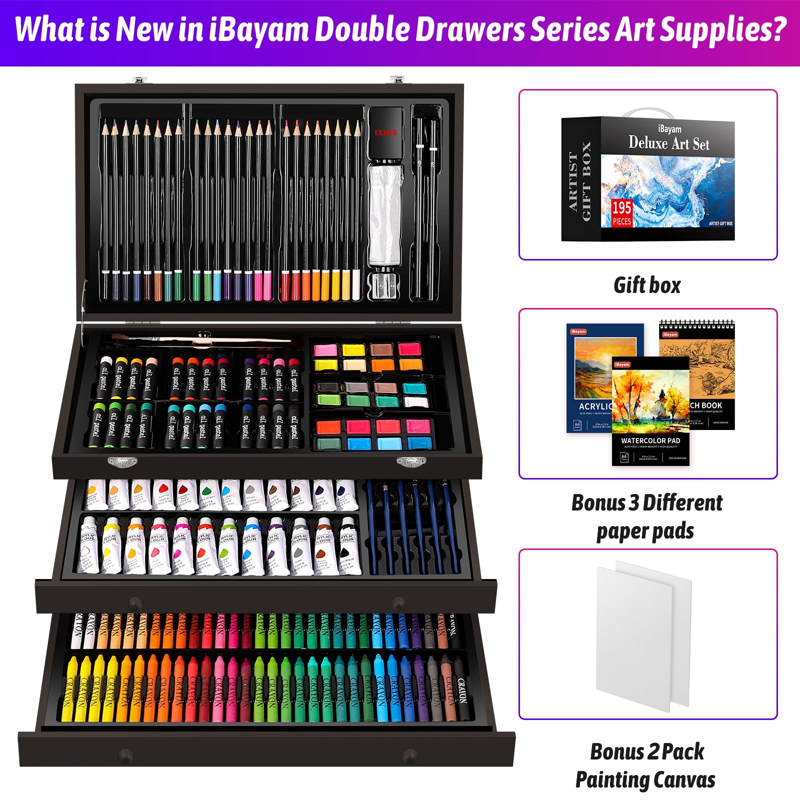 iBayam Art Set,195-Pack Arts and Crafts for Kids Ages 8-12, Deluxe Gift Box