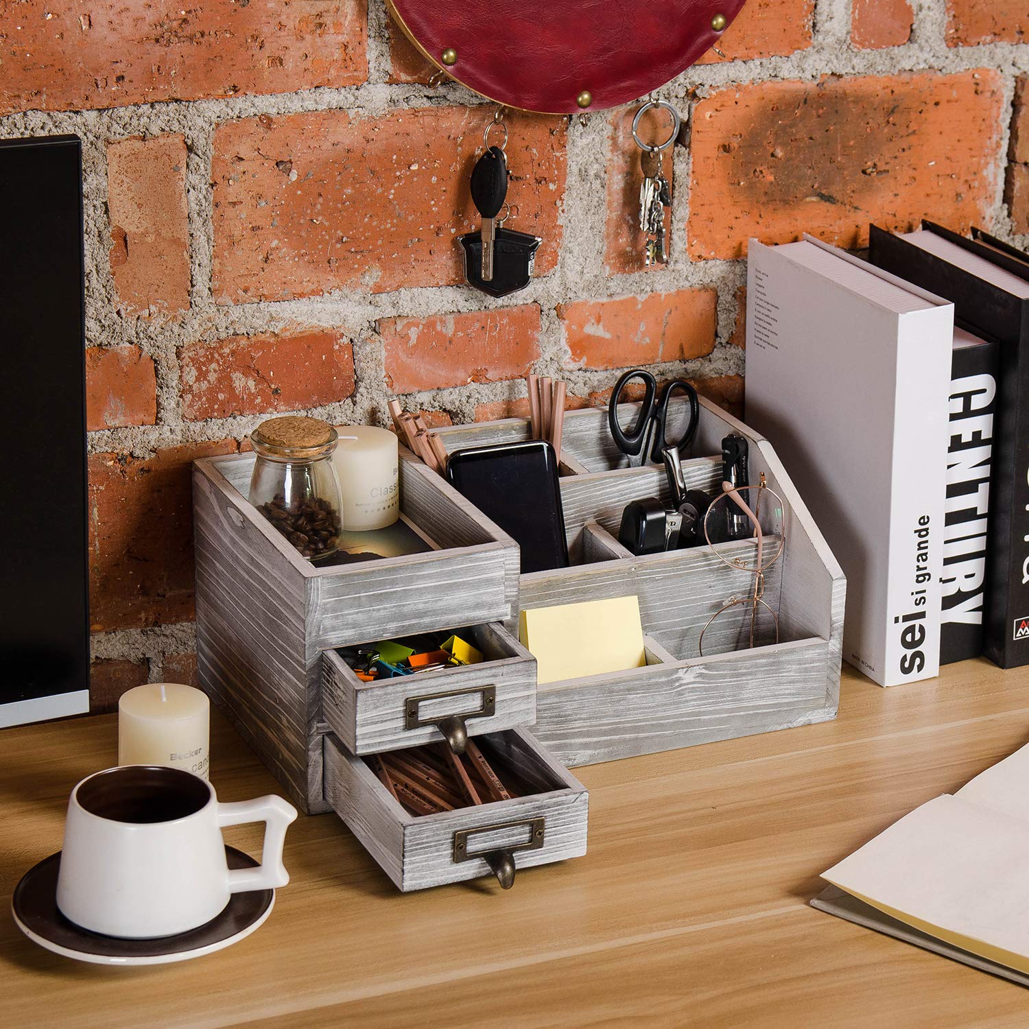 Distressed Rustic Wooden Office Desktop Organizer Wood Shelf Tabletop Home Organizer Storage with
