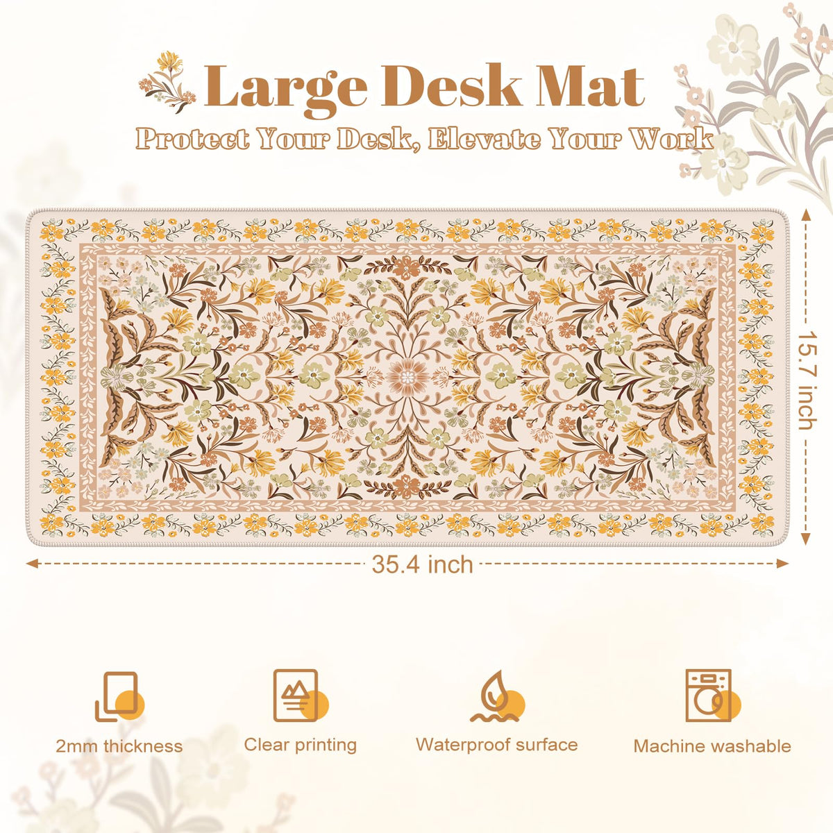 HAOCOO Large Desk Pad for Women Office, Cute Floral Mouse Mat(Brown)