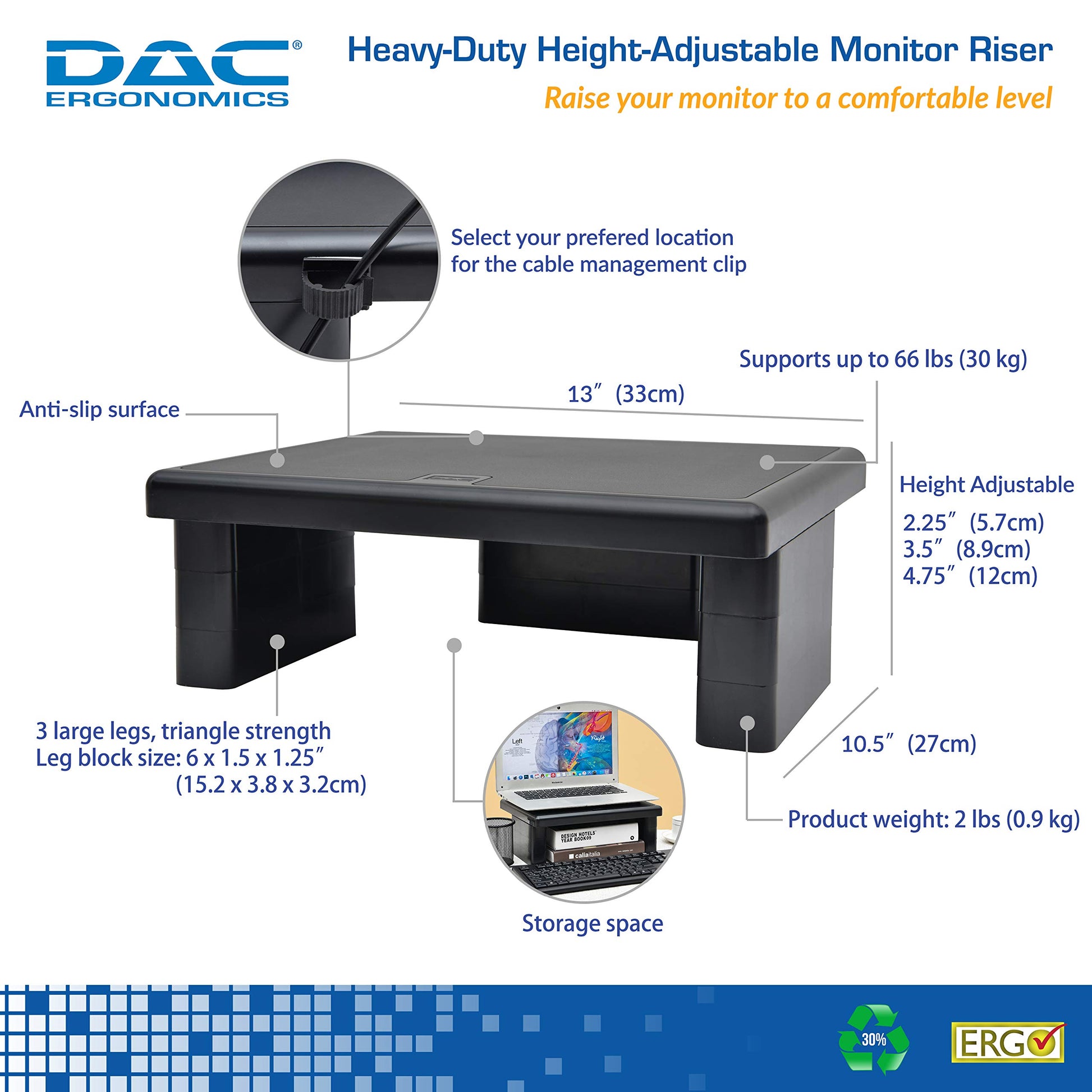 DAC STAX Computer Monitor Riser, Ultra-Sturdy Adjustable Desktop Monitor Stand, Supports up to 66