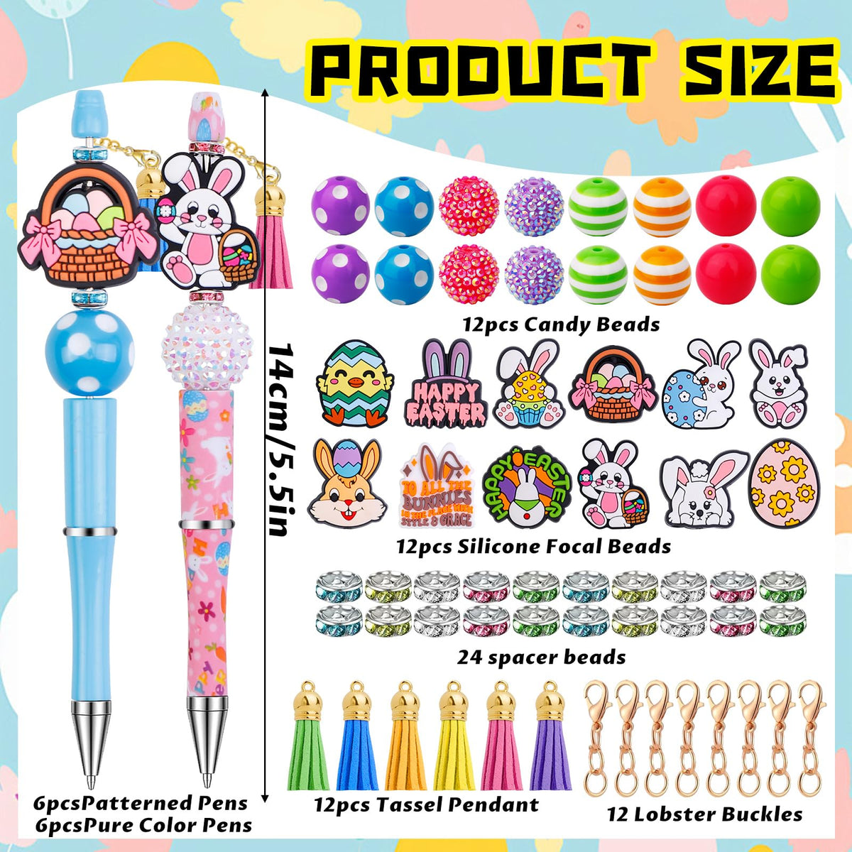 Japior 12 Sets Easter Beadable Pens DIY Pen Making Kit with Bubblegum Beads Silicone Focal Beads