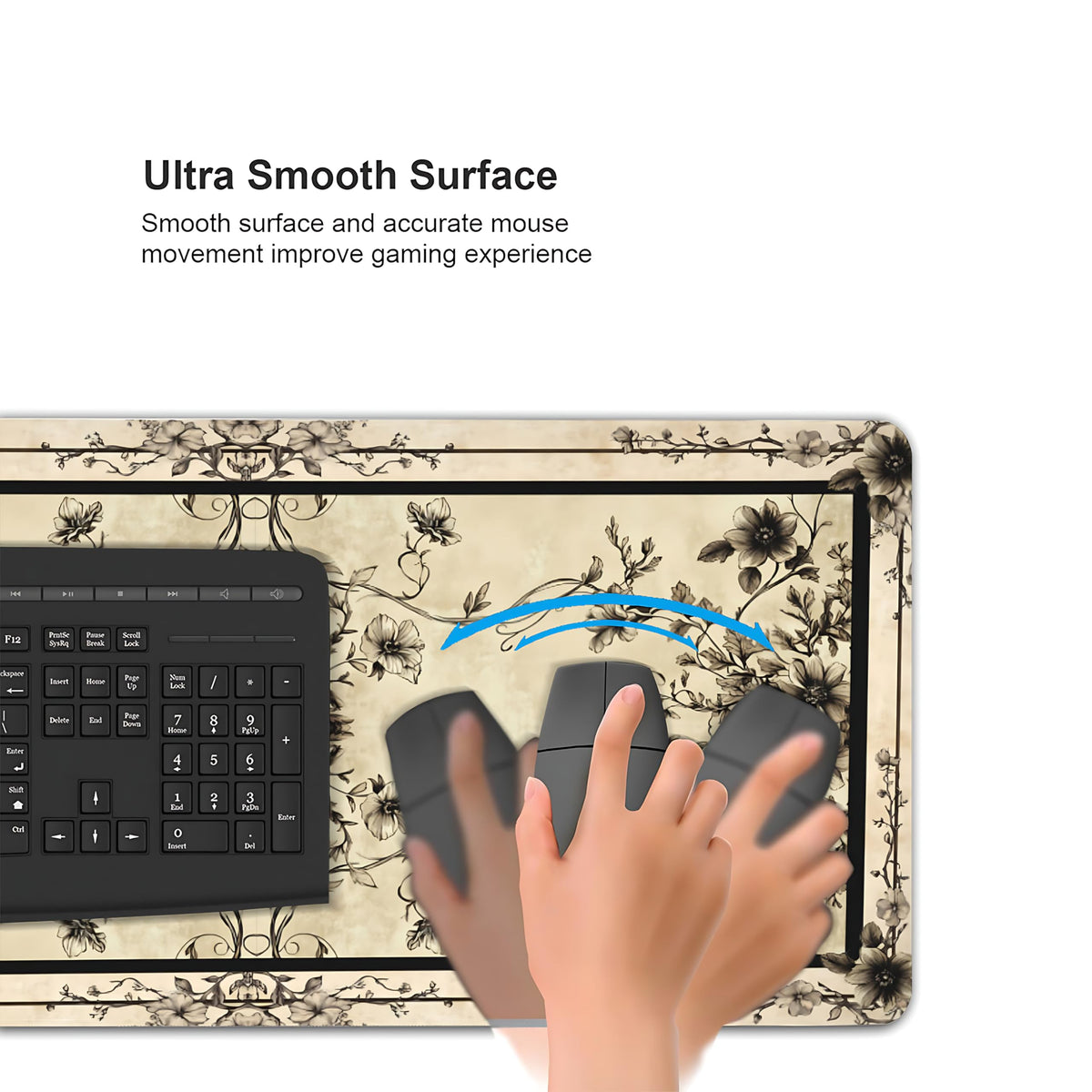 Floral Aesthetic Rose Gaming Mouse Pad, Earth Black Rug Desk Mat with Anti-Slip Base & Stitched